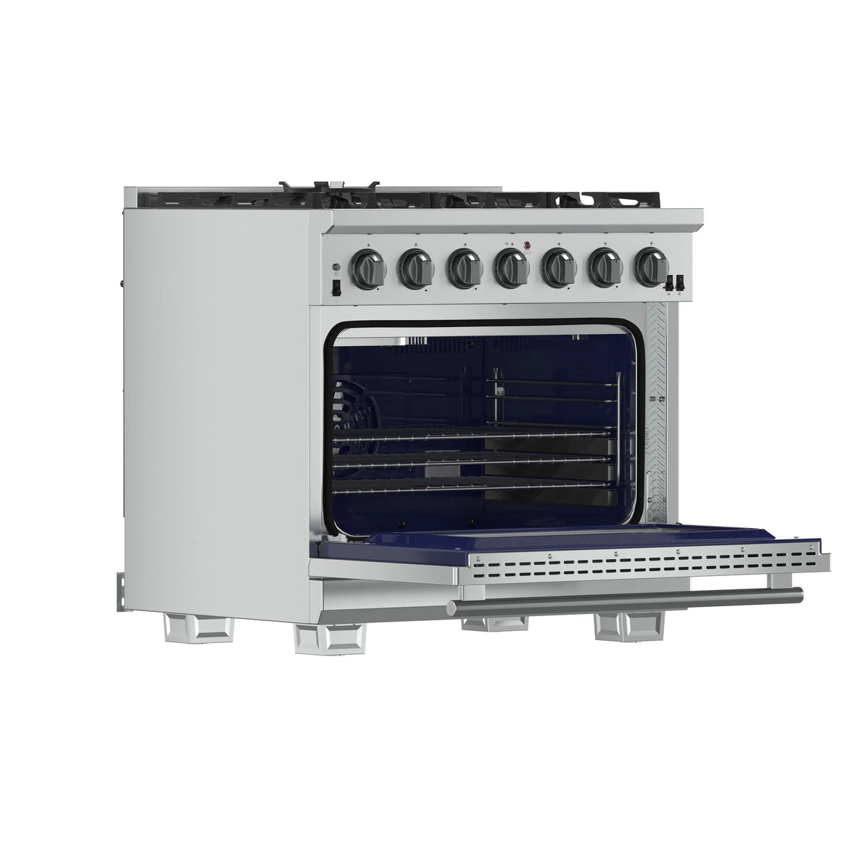 Freestanding gas range with oven door open, wire rack inside, stainless body
