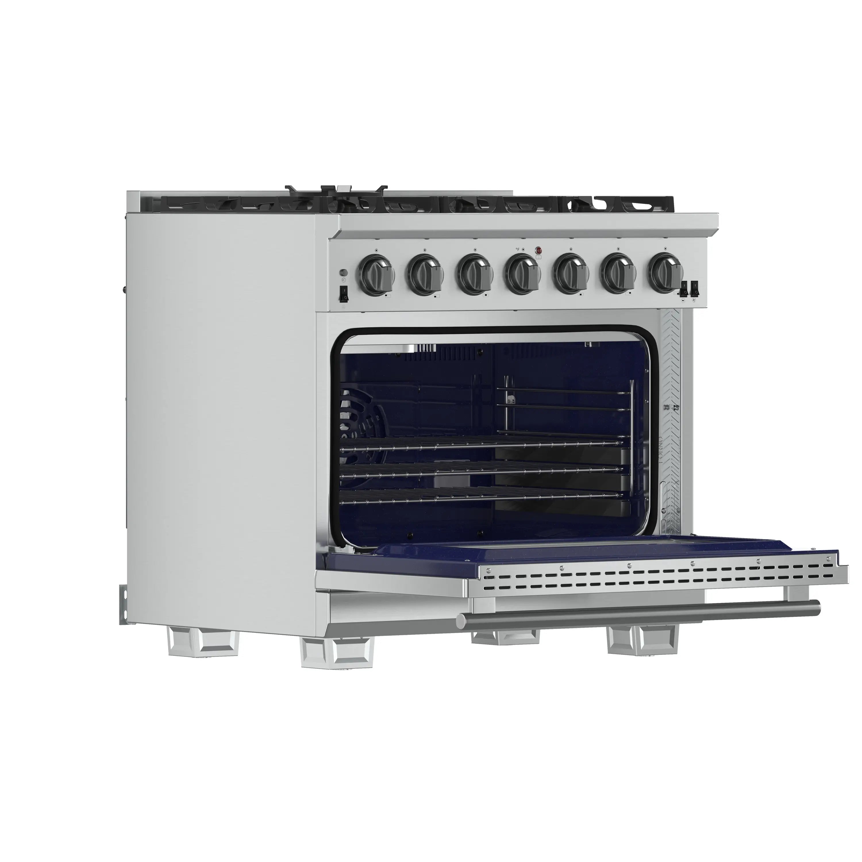 Stainless steel gas range oven with door open and pull-out rack extended