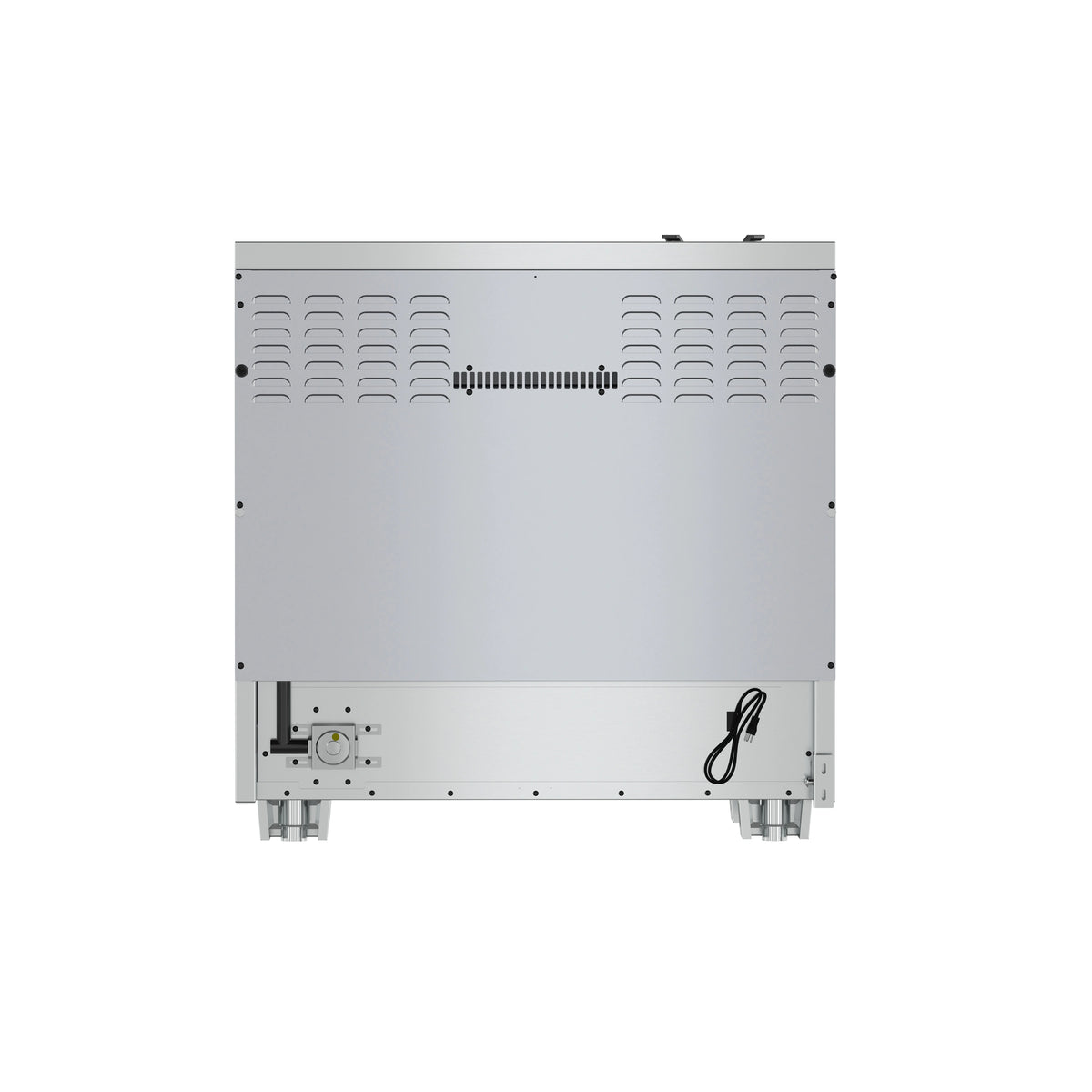 Gas range rear underside panel with vented grill and attached power cord