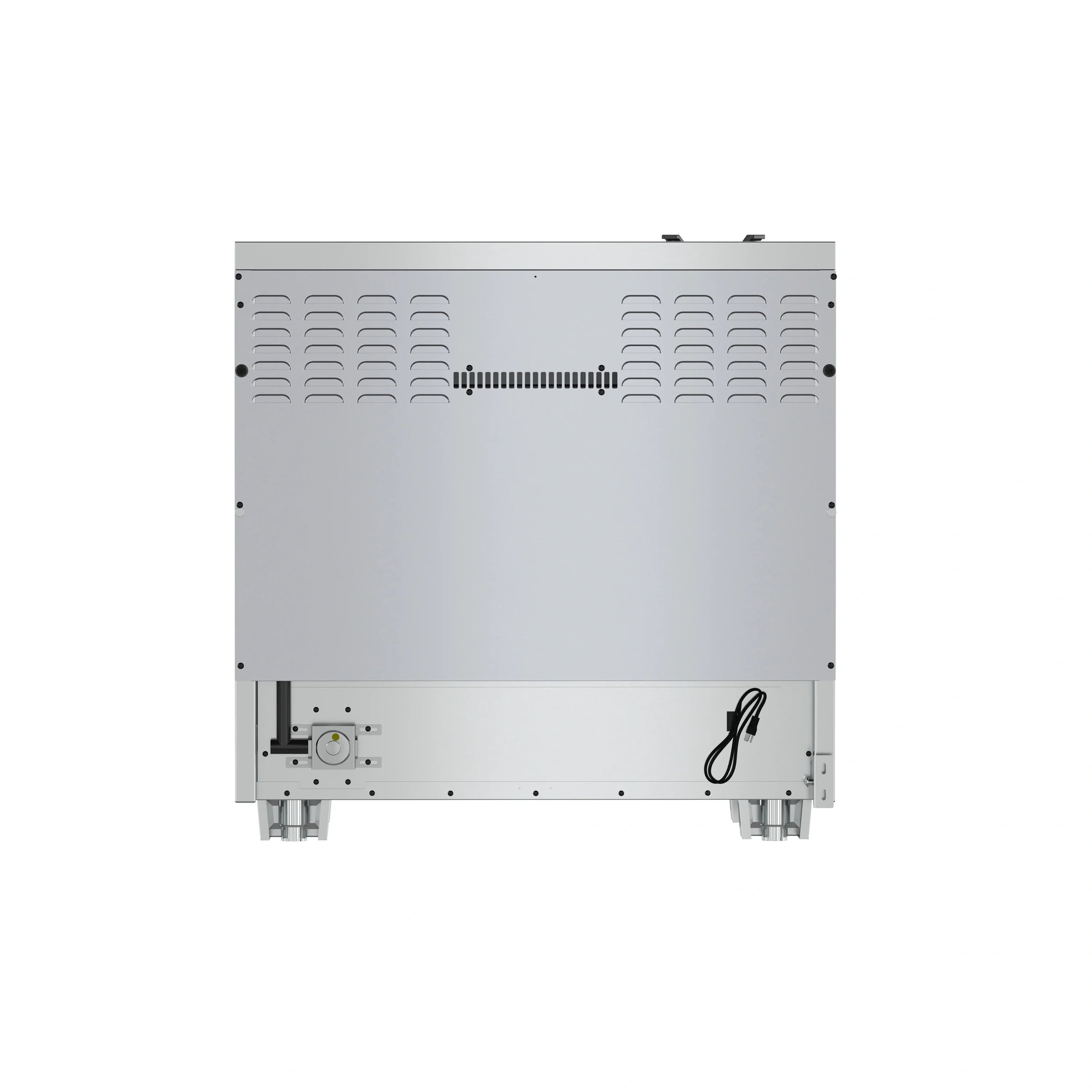 Stainless steel dishwasher back panel with vented cooling and power cord