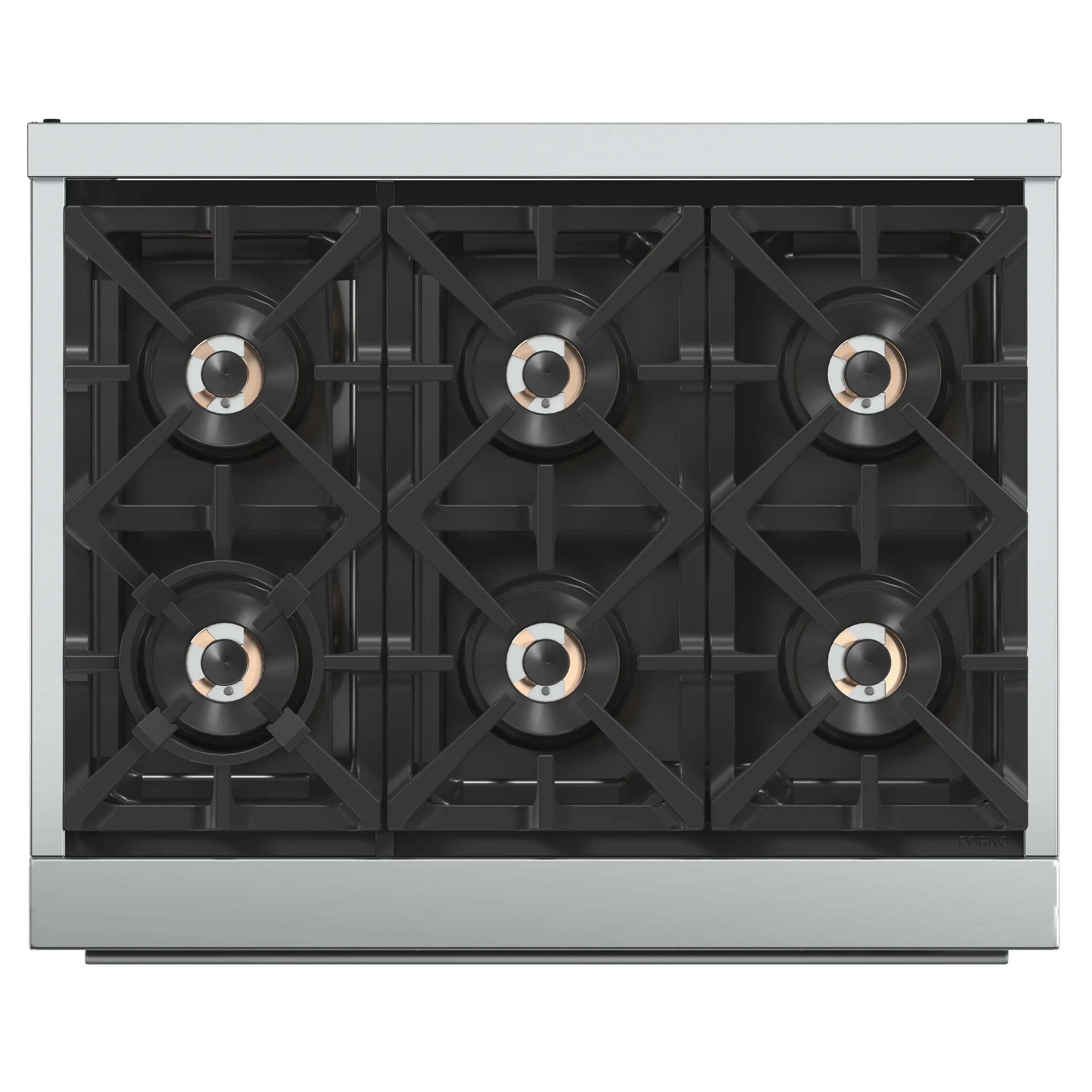 Stainless steel gas cooktop with six burner grates and circular burner caps