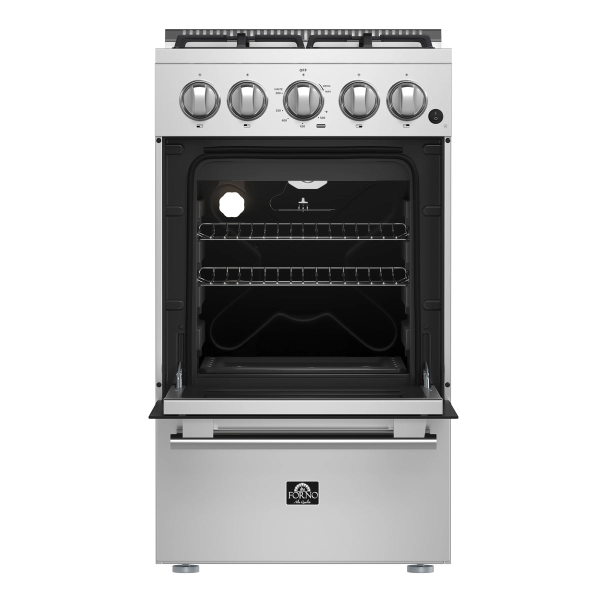 Stainless steel gas oven with racks and open door for easy viewing