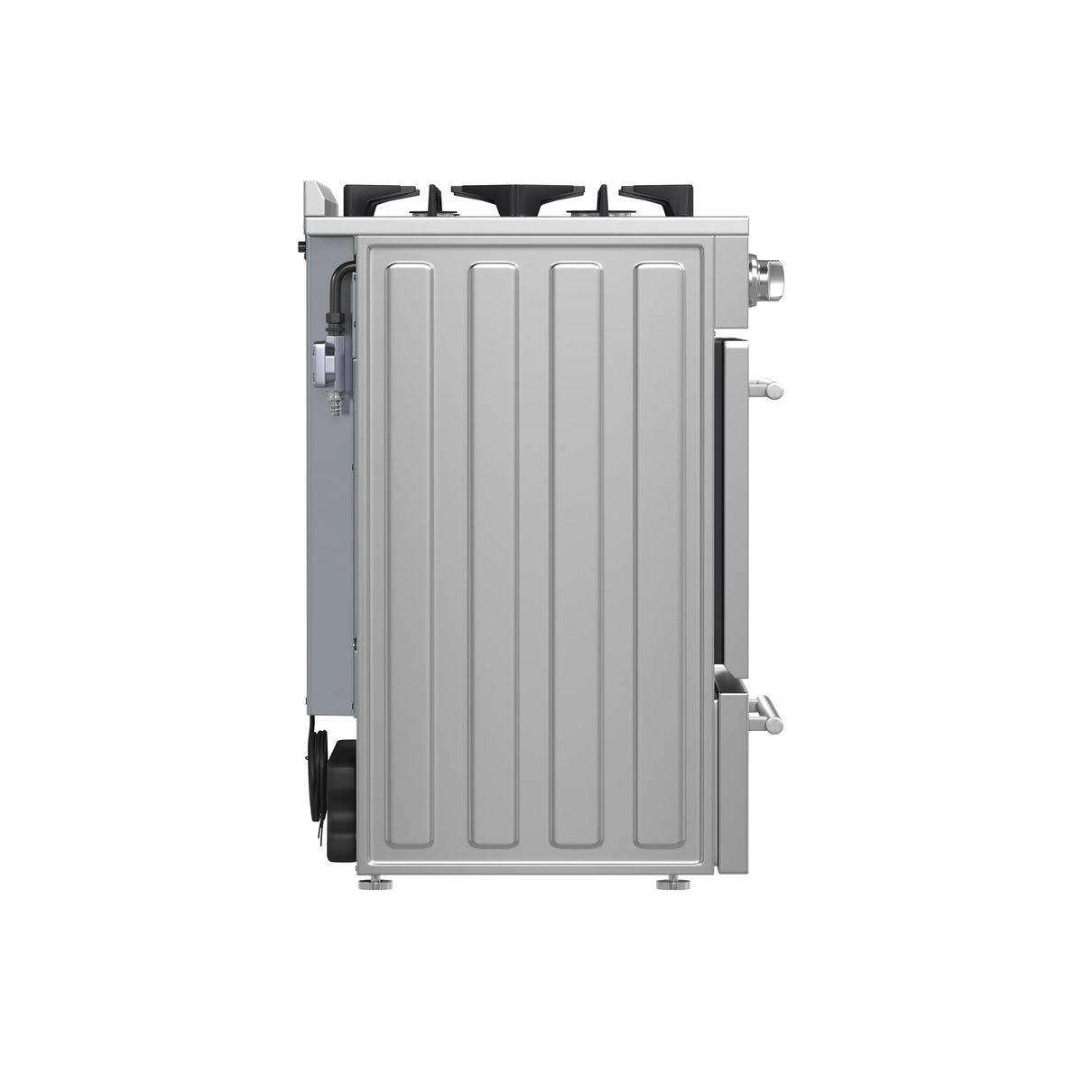 Gas range front access panel with side control knobs and burner openings