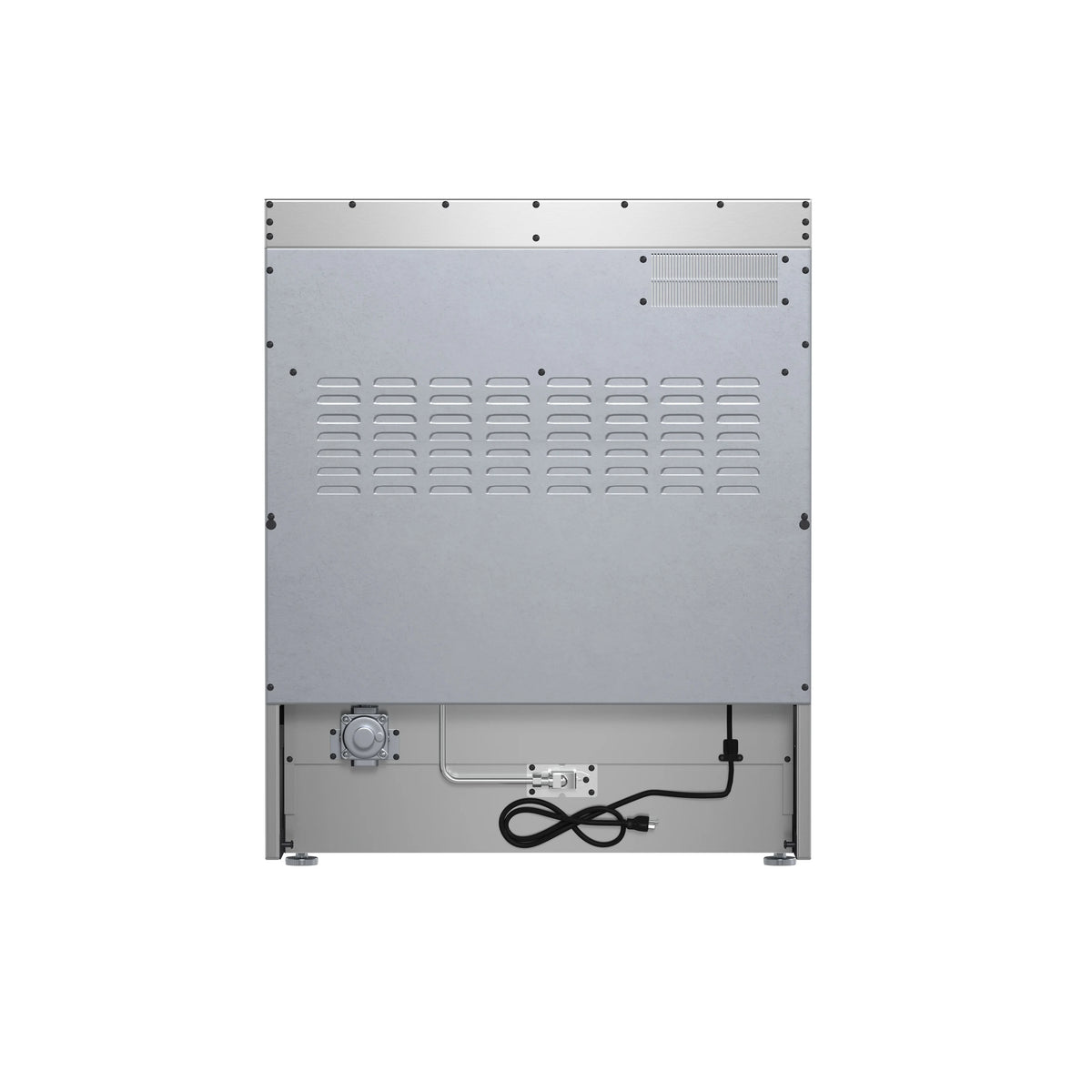 Rear view of stainless steel gas range with vent panel and electrical connections