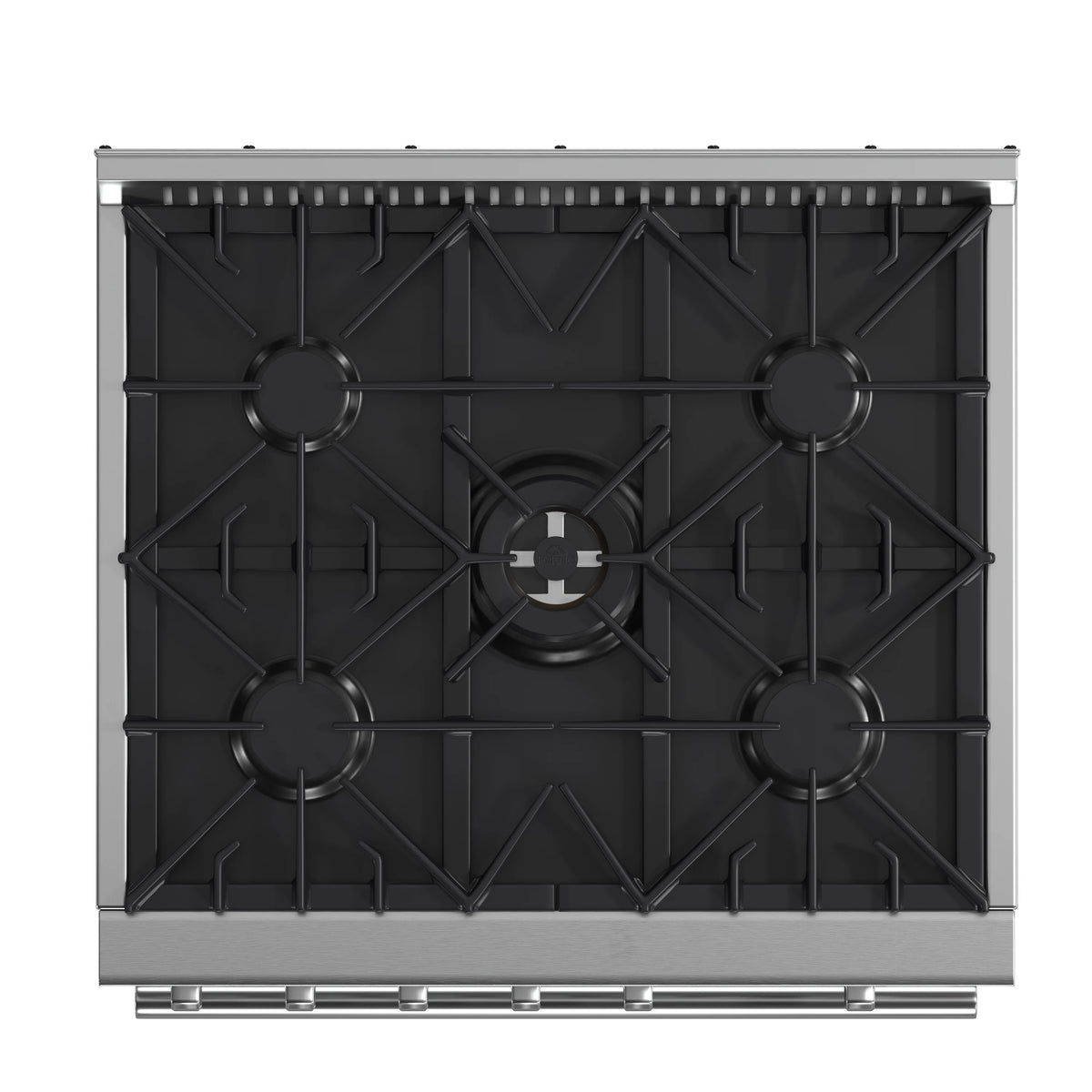 Underside burner grates and mounting framework on stainless steel gas cooktop