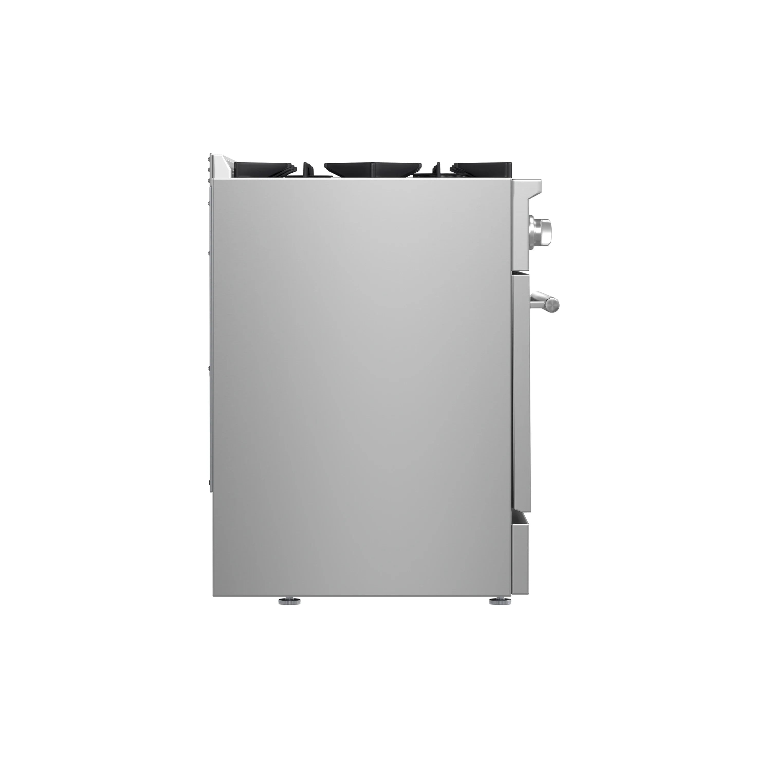 Stainless steel refrigerator with side handles and door edge detail, front view