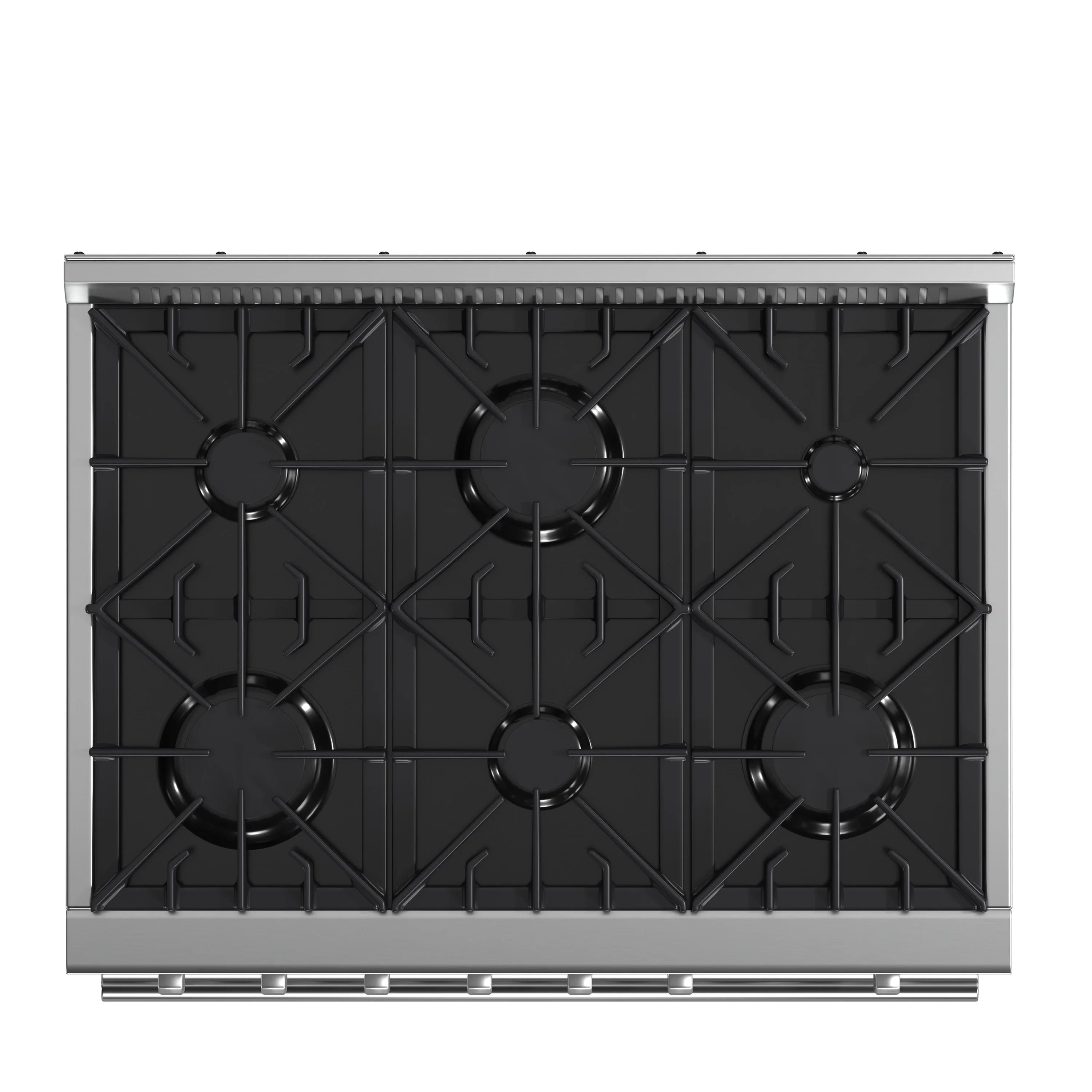 Stainless steel gas range cooktop grate surface with burner outlines