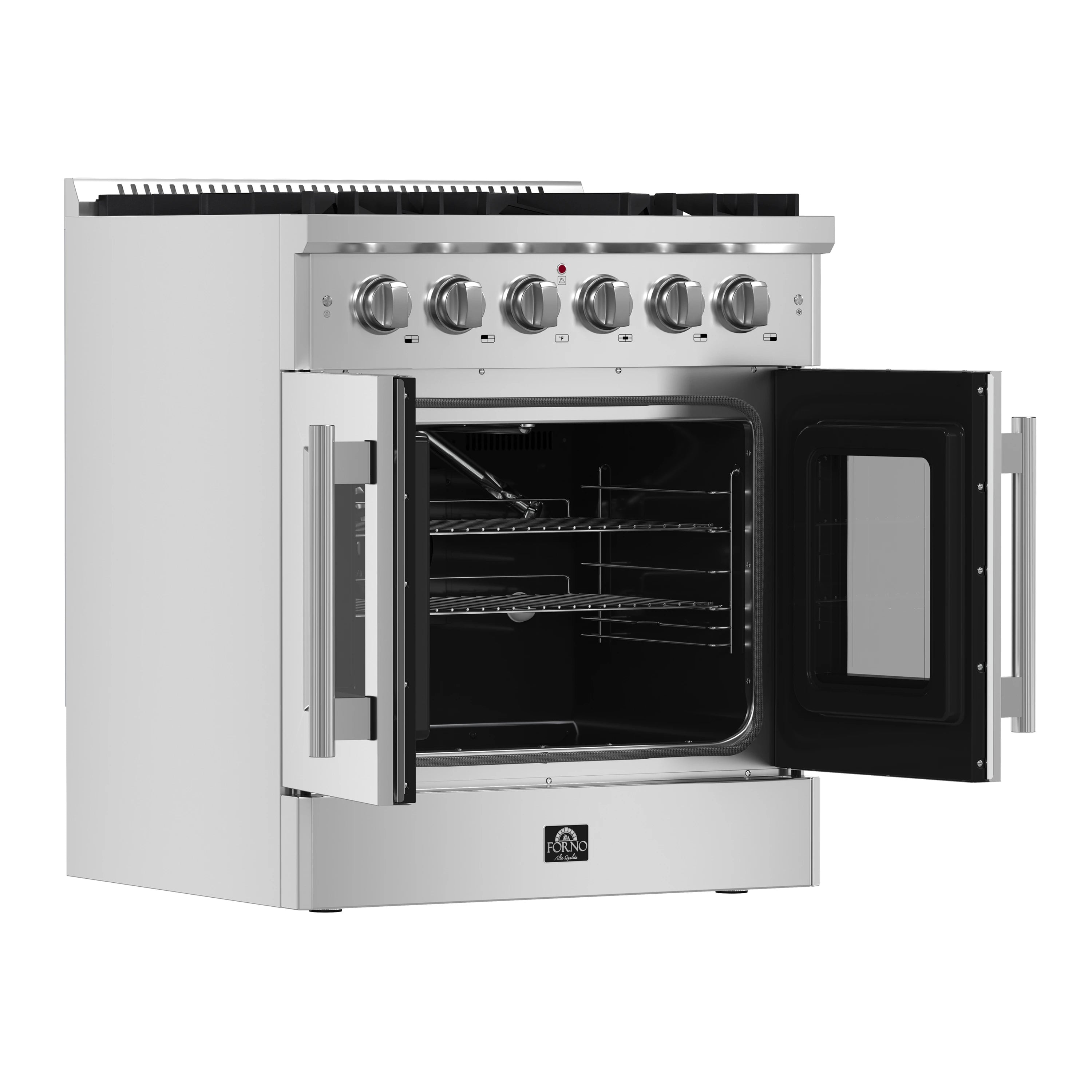 Stainless steel gas range French door oven open, showing oven racks and handle