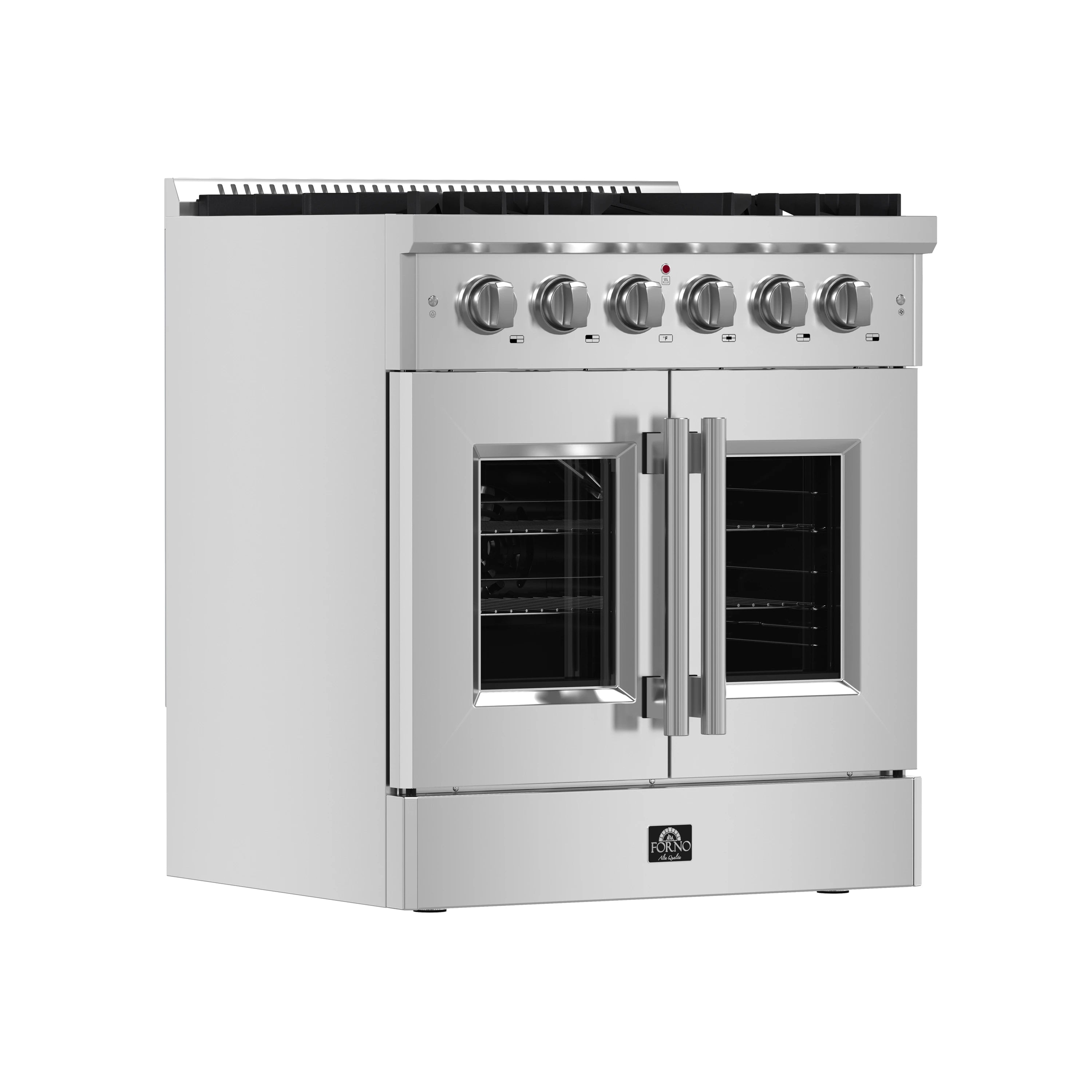 Stainless steel gas range with control knobs and French door gas oven, side view