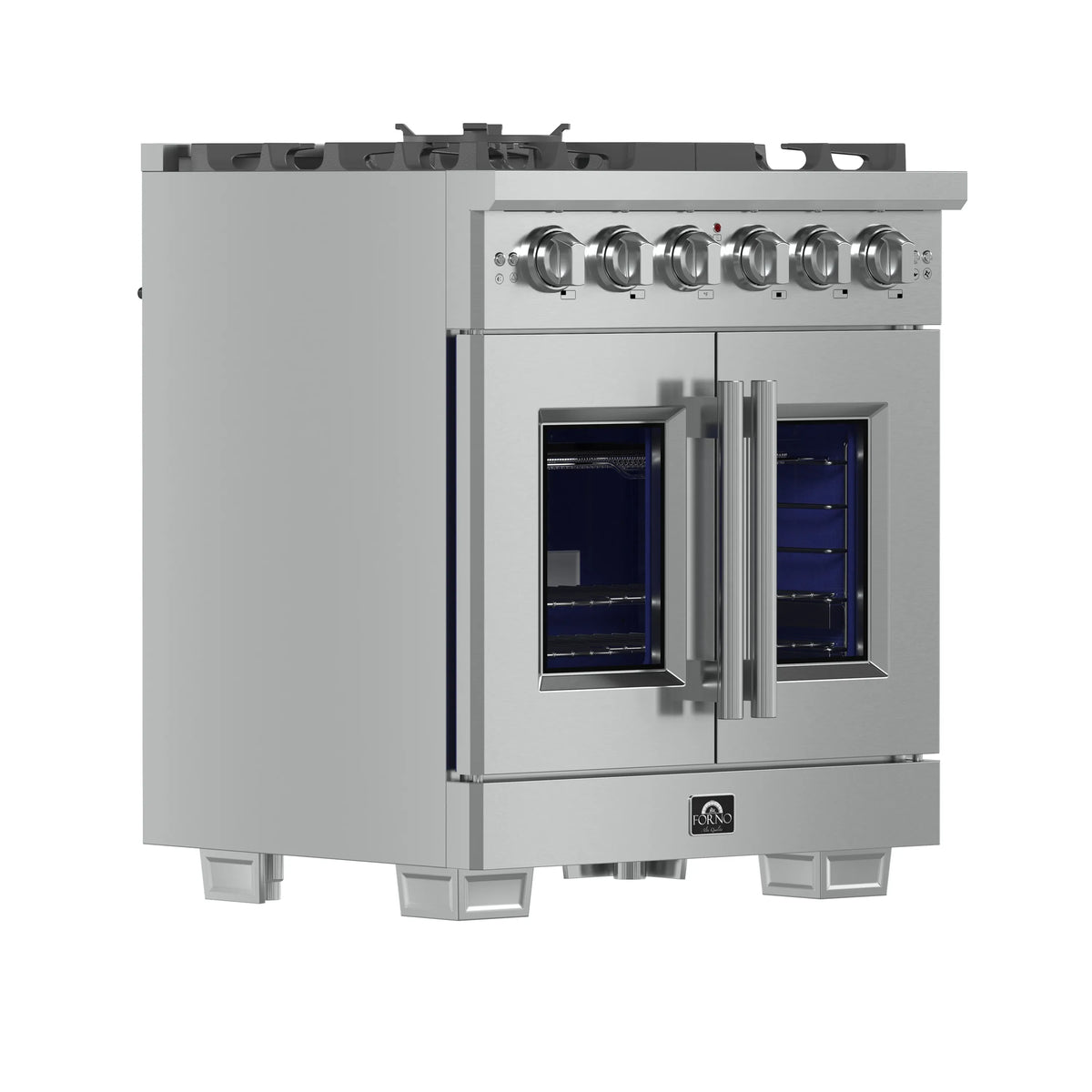 Front view of stainless steel gas range with French oven doors closed