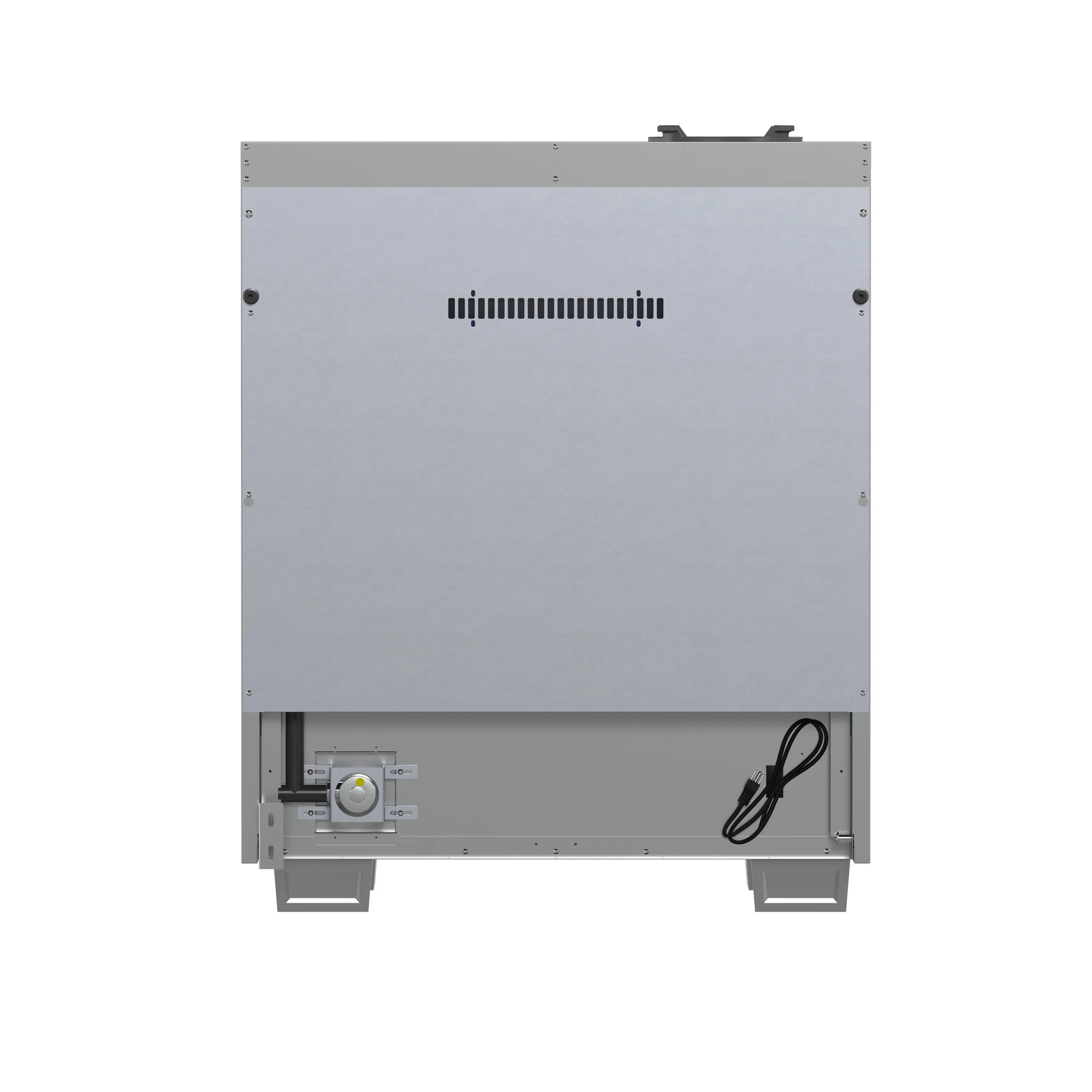 Back view of stainless steel gas range with vent openings and power cord