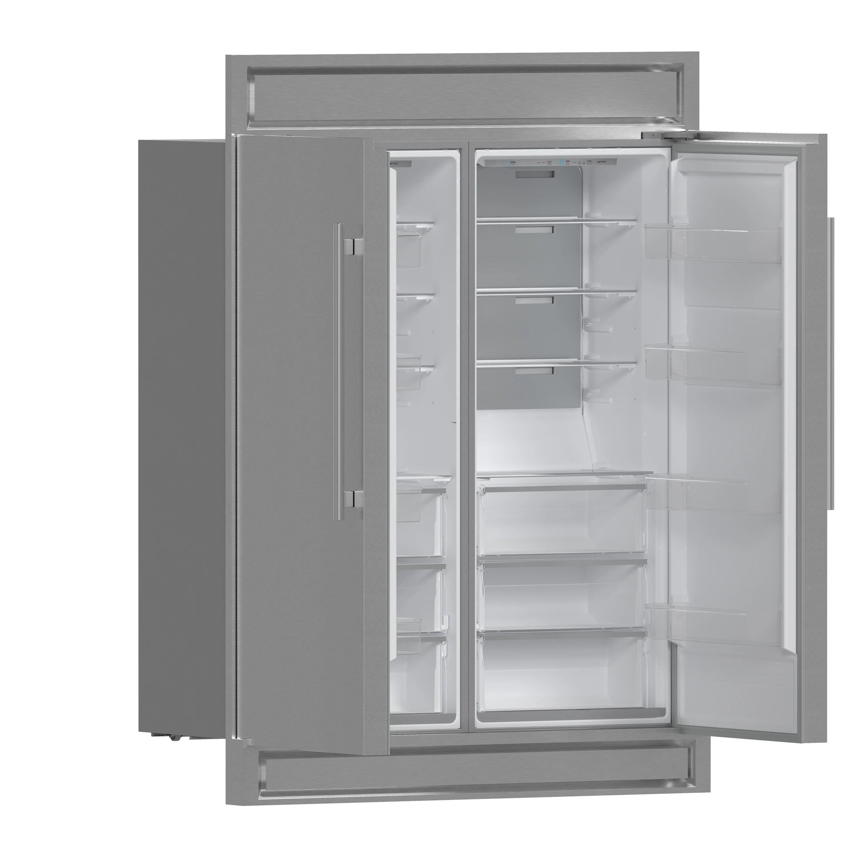 Stainless steel refrigerator with open doors and visible interior shelves