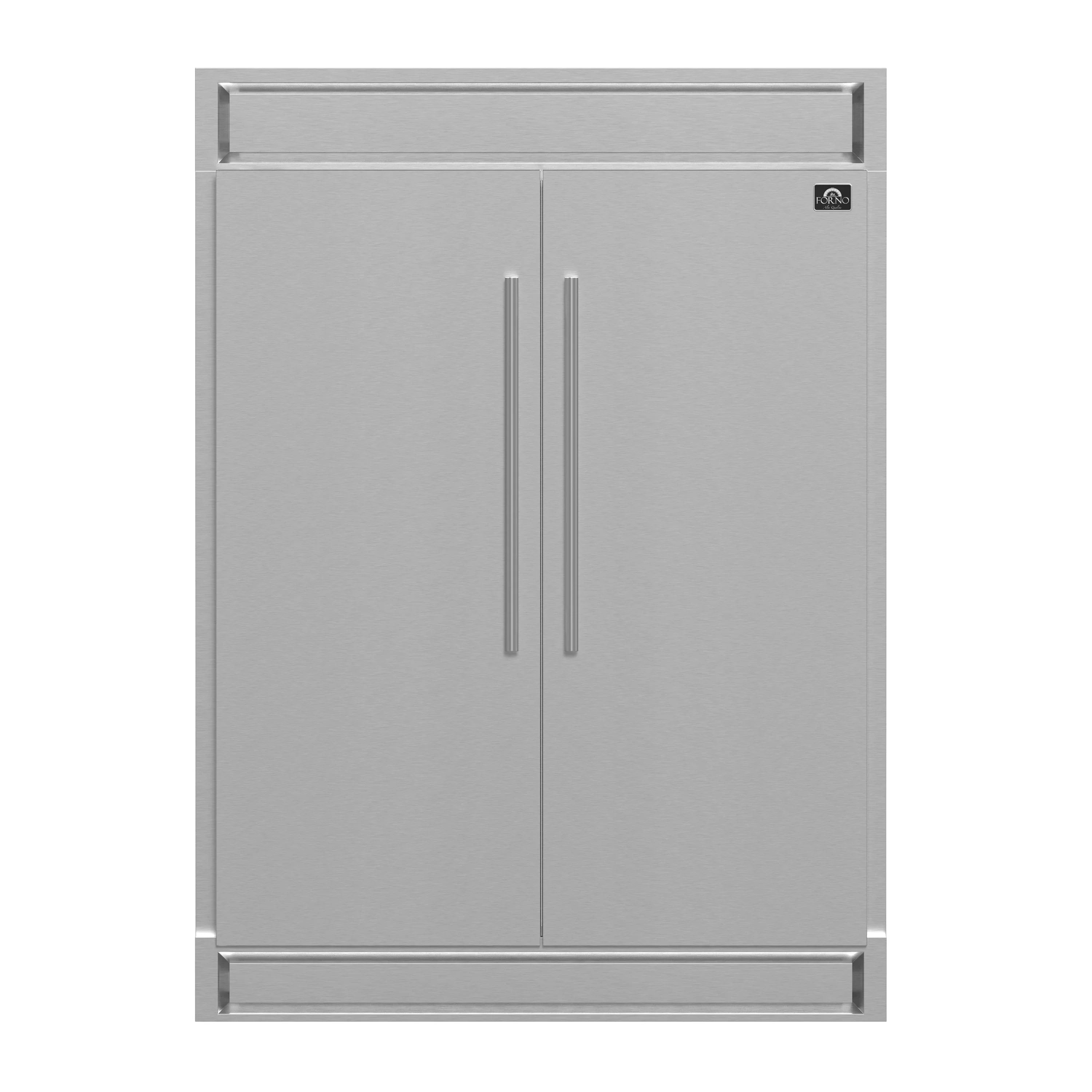 Stainless steel refrigerator front panel with double doors and long vertical handles