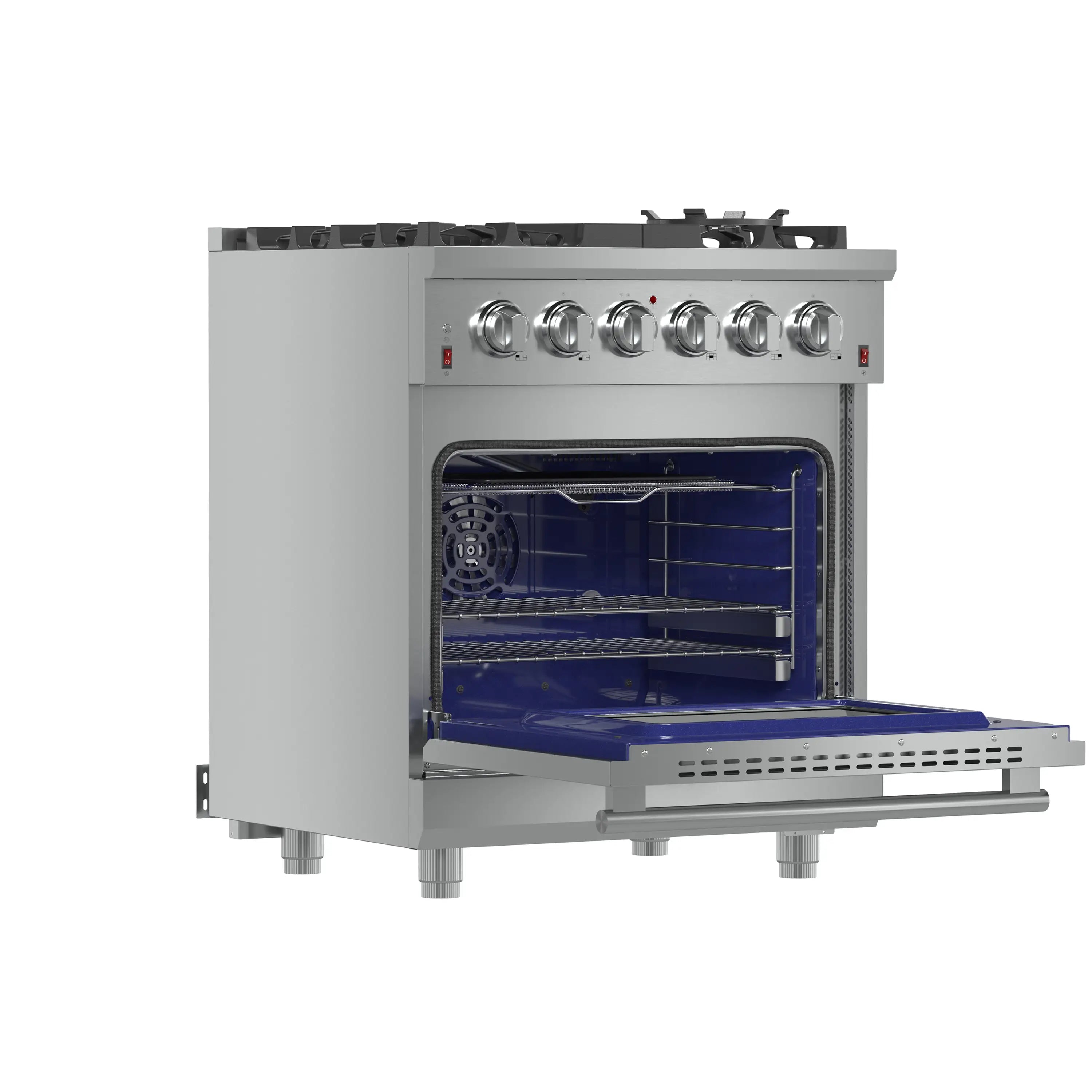 30-inch gas range oven with racks installed and blue interior light on