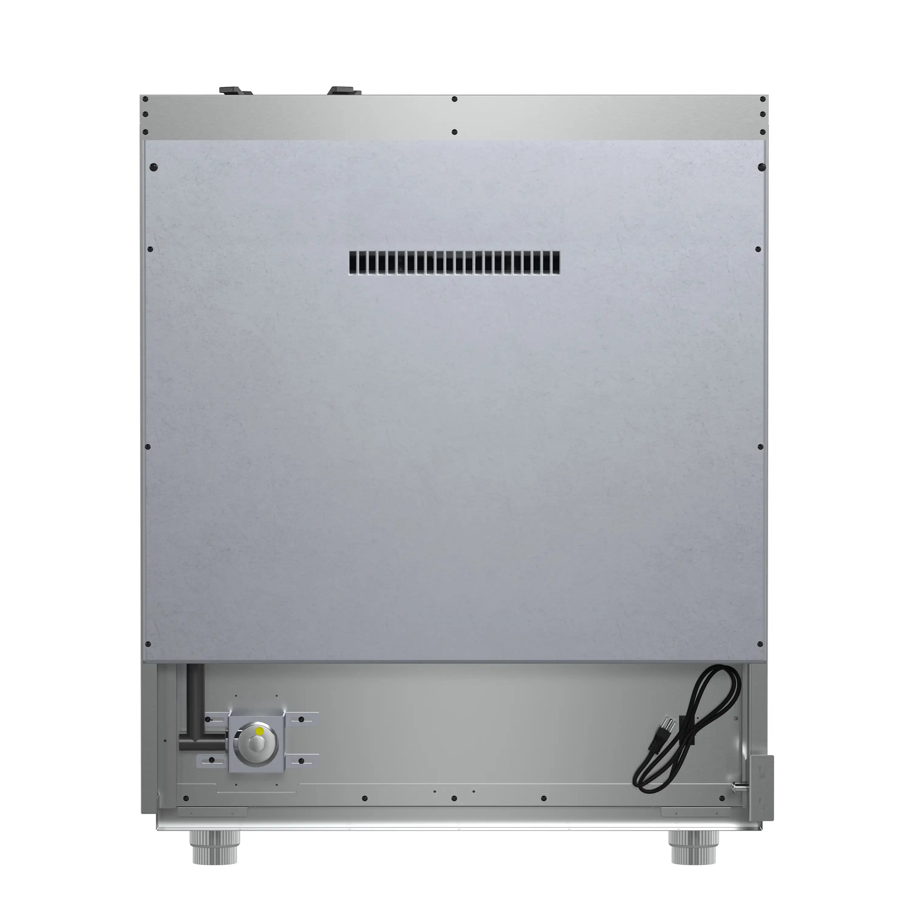 Back view of stainless steel 30-inch gas range with ventilation grille and power cord