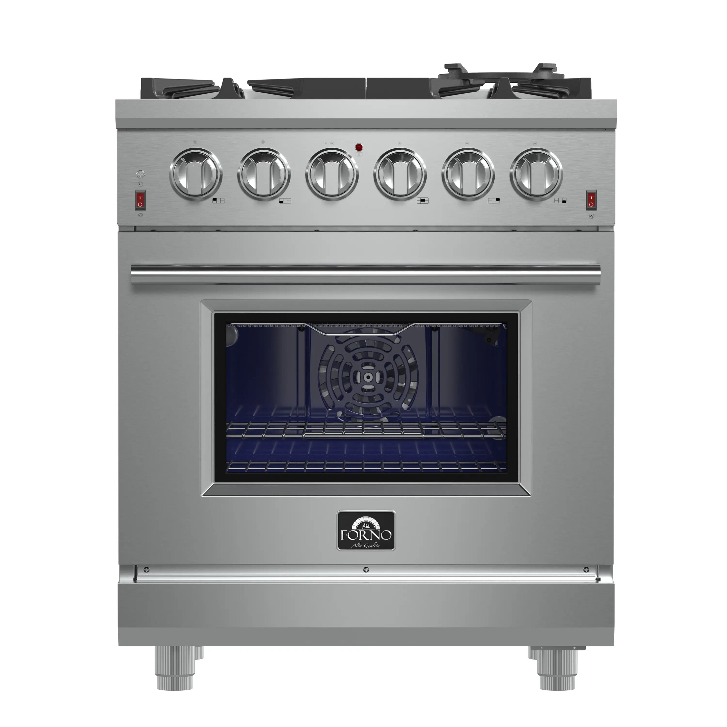 Front view of stainless steel 30-inch gas range with control knobs and oven window