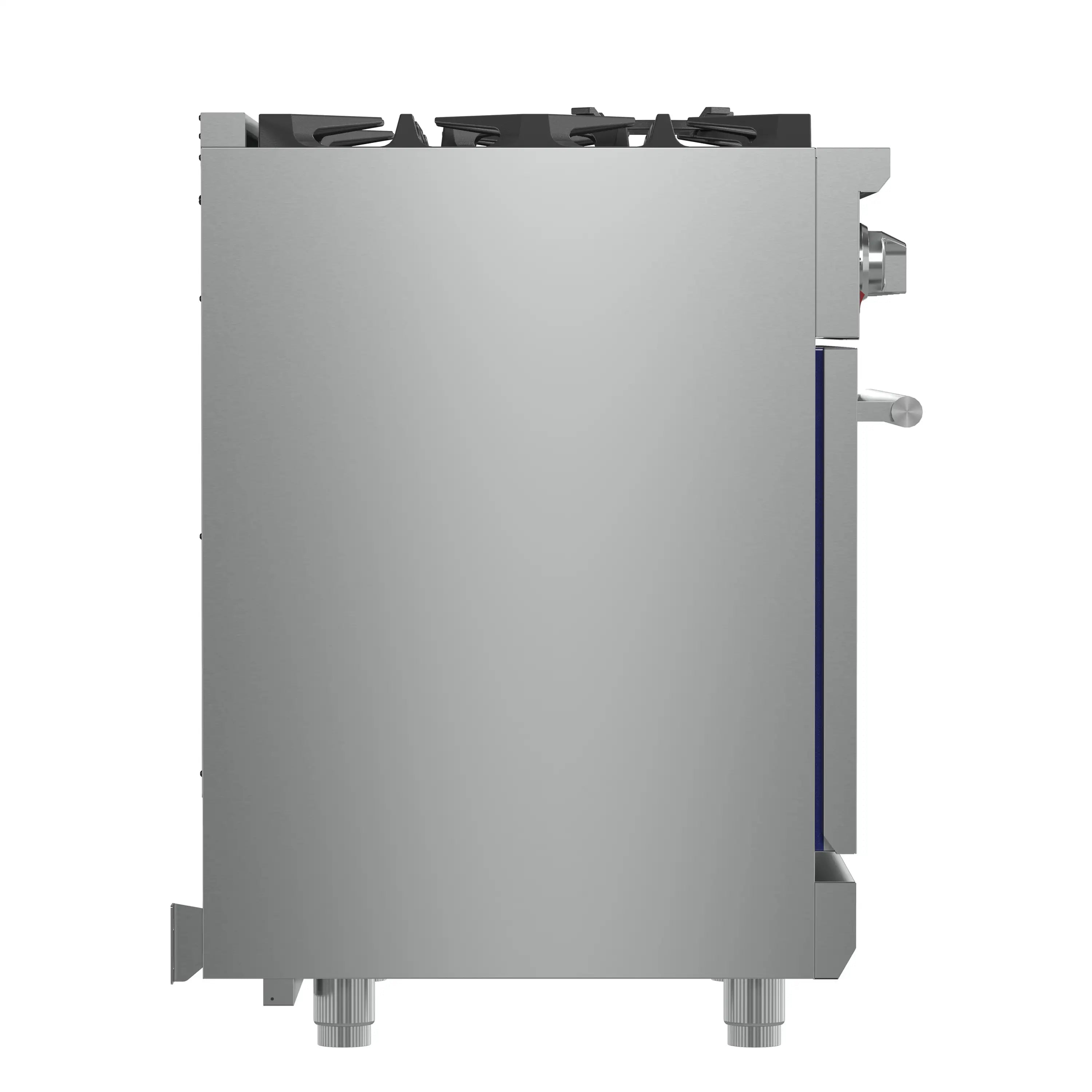 Side/back view of stainless steel 30-inch gas range cabinet with connection ports