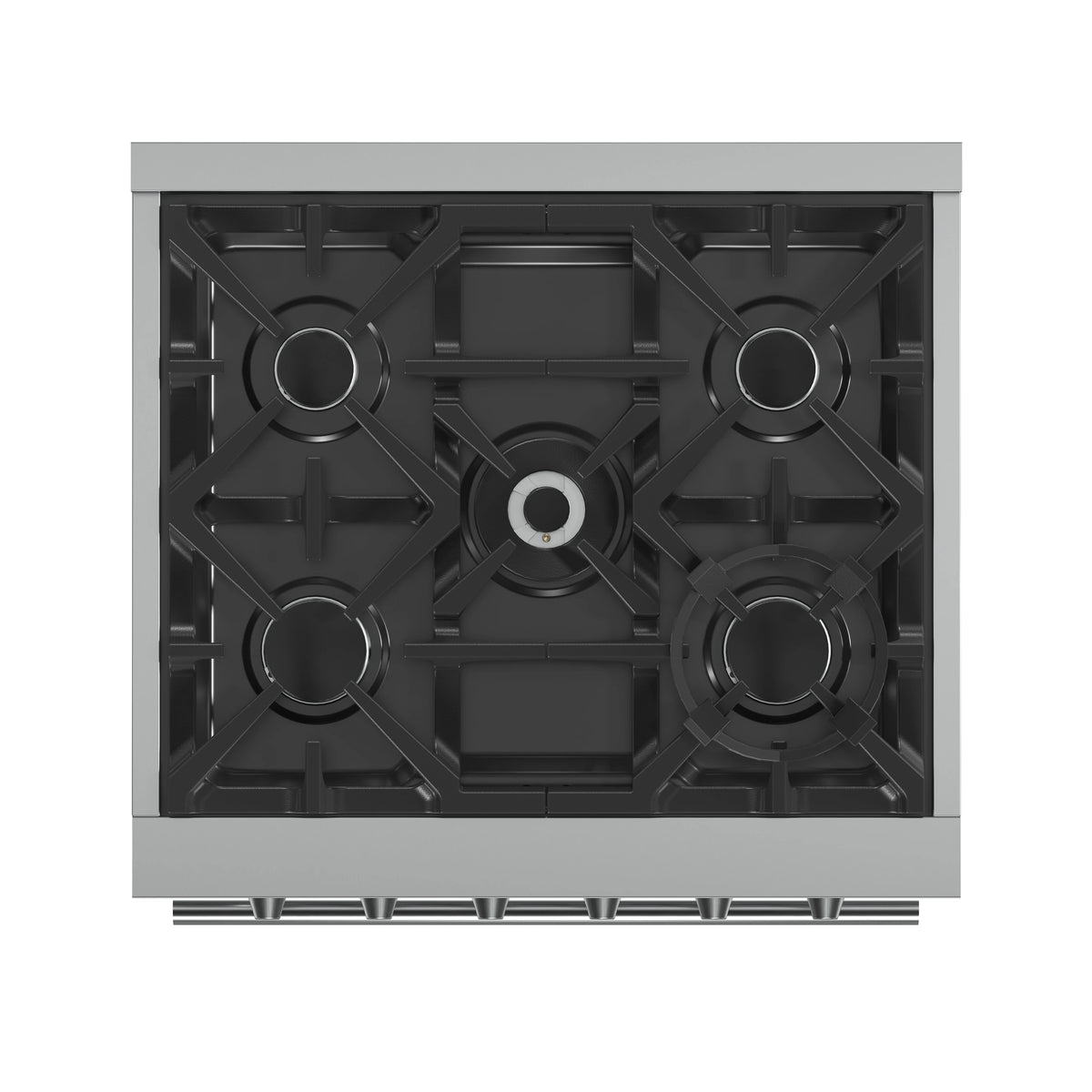 Stainless steel gas cooktop with five burner grates and black burner caps