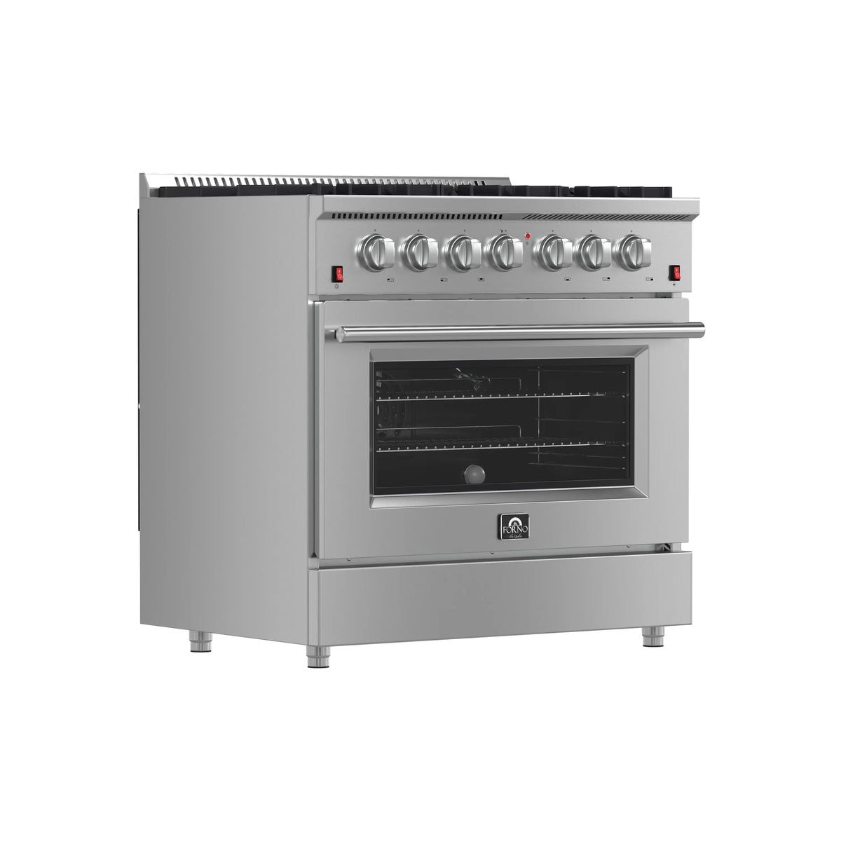 Stainless steel freestanding gas range with oven door and control panel, side view
