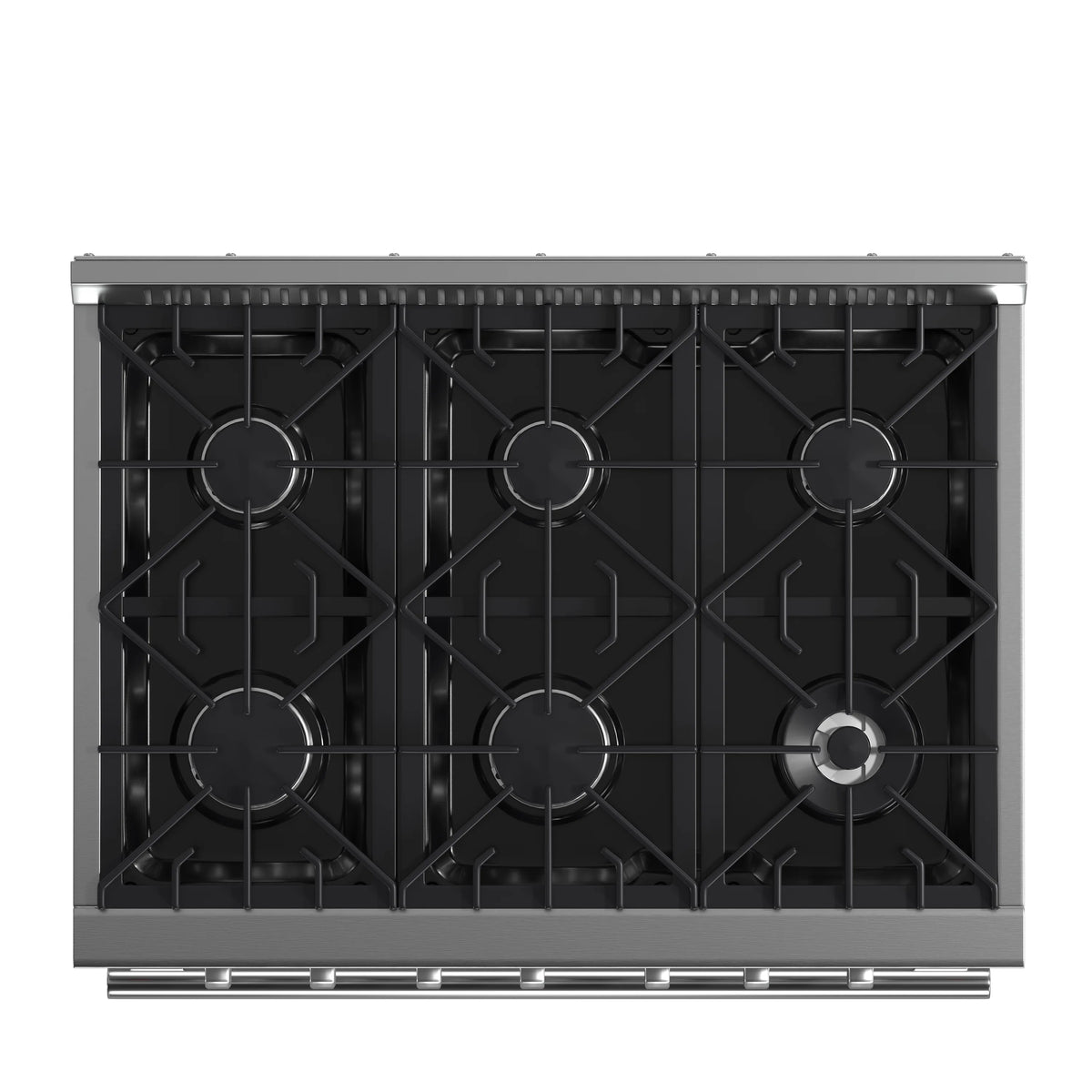 Stainless steel 36-inch gas range cooktop with 6 black burner grates