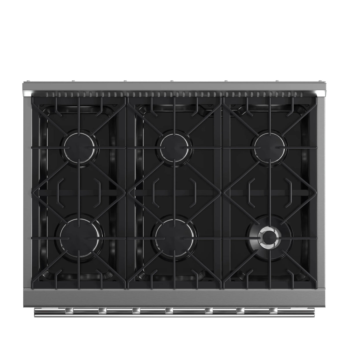 Stainless steel gas range cooktop with four black burner grates and burner caps