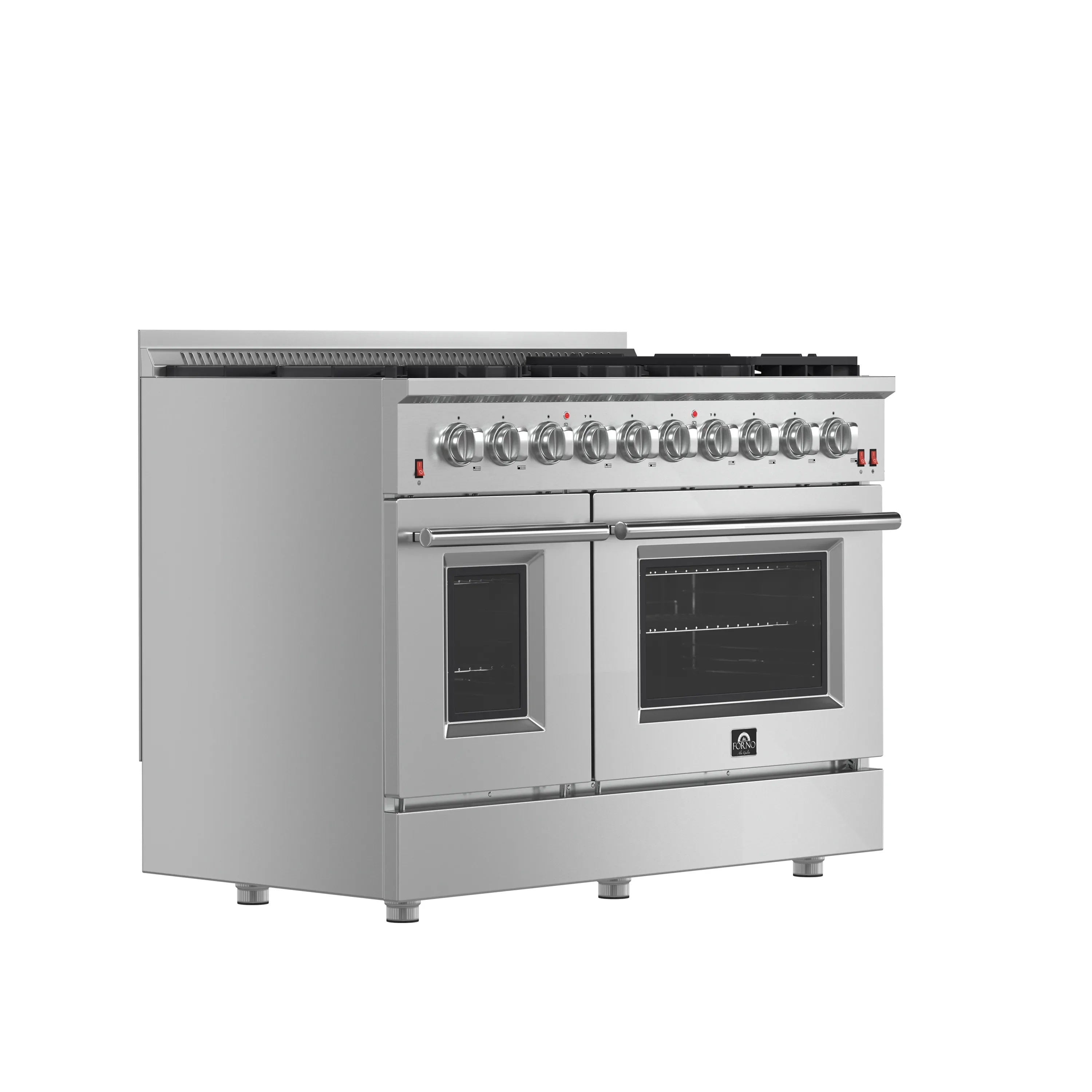 Forno 5-Piece Appliance Package - 48-Inch Gas Range, Refrigerator with Water Dispenser, Wall Mount Hood with Backsplash, 24-Inch Microwave Oven, & 3-Rack Dishwasher in Stainless Steel