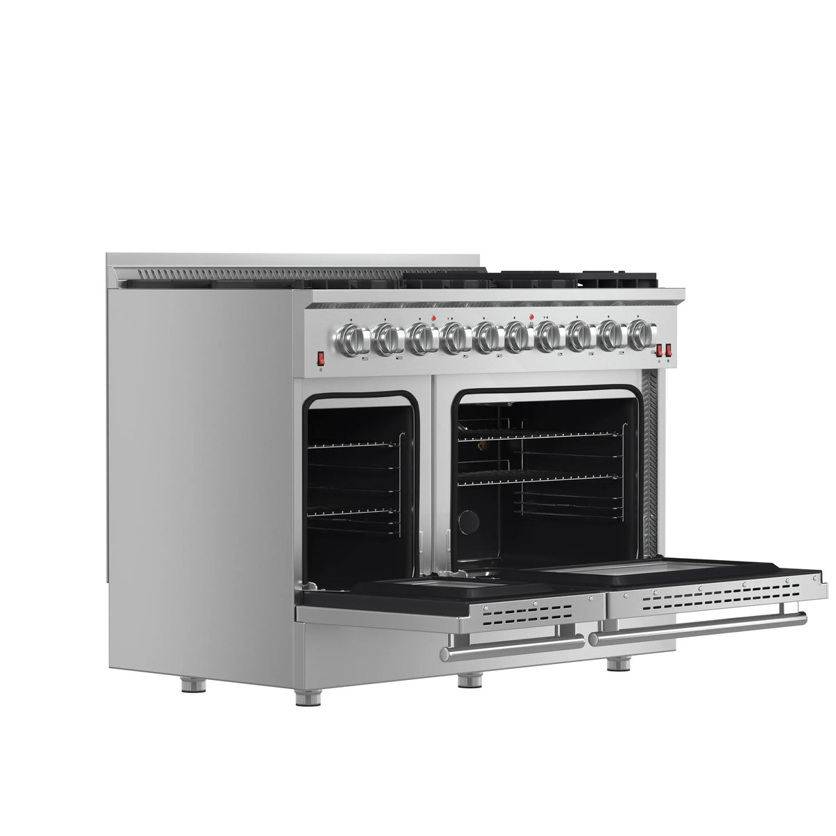 Stainless steel gas range with one oven door open and side shelf extended