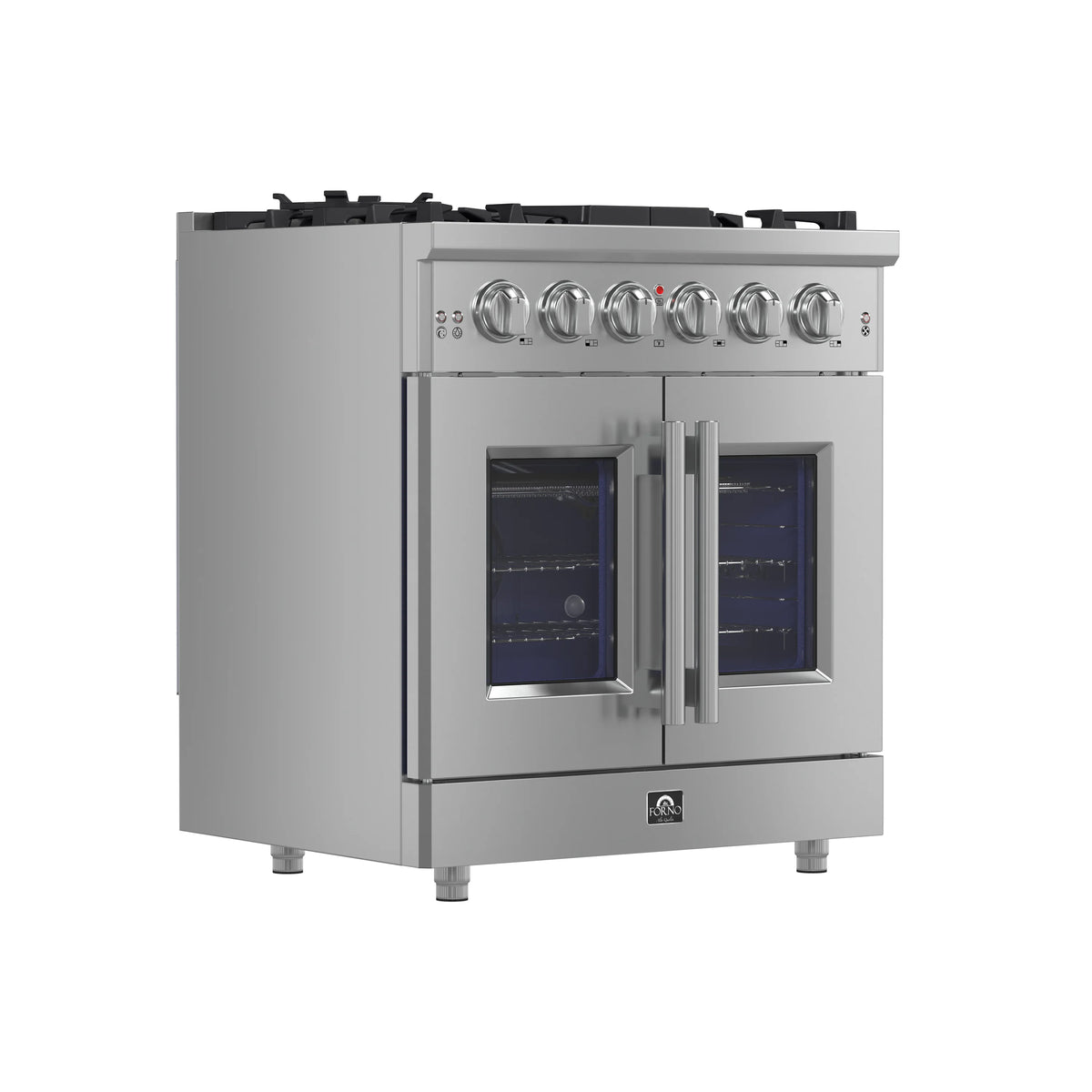 Stainless gas range with control knobs and two oven doors, side view