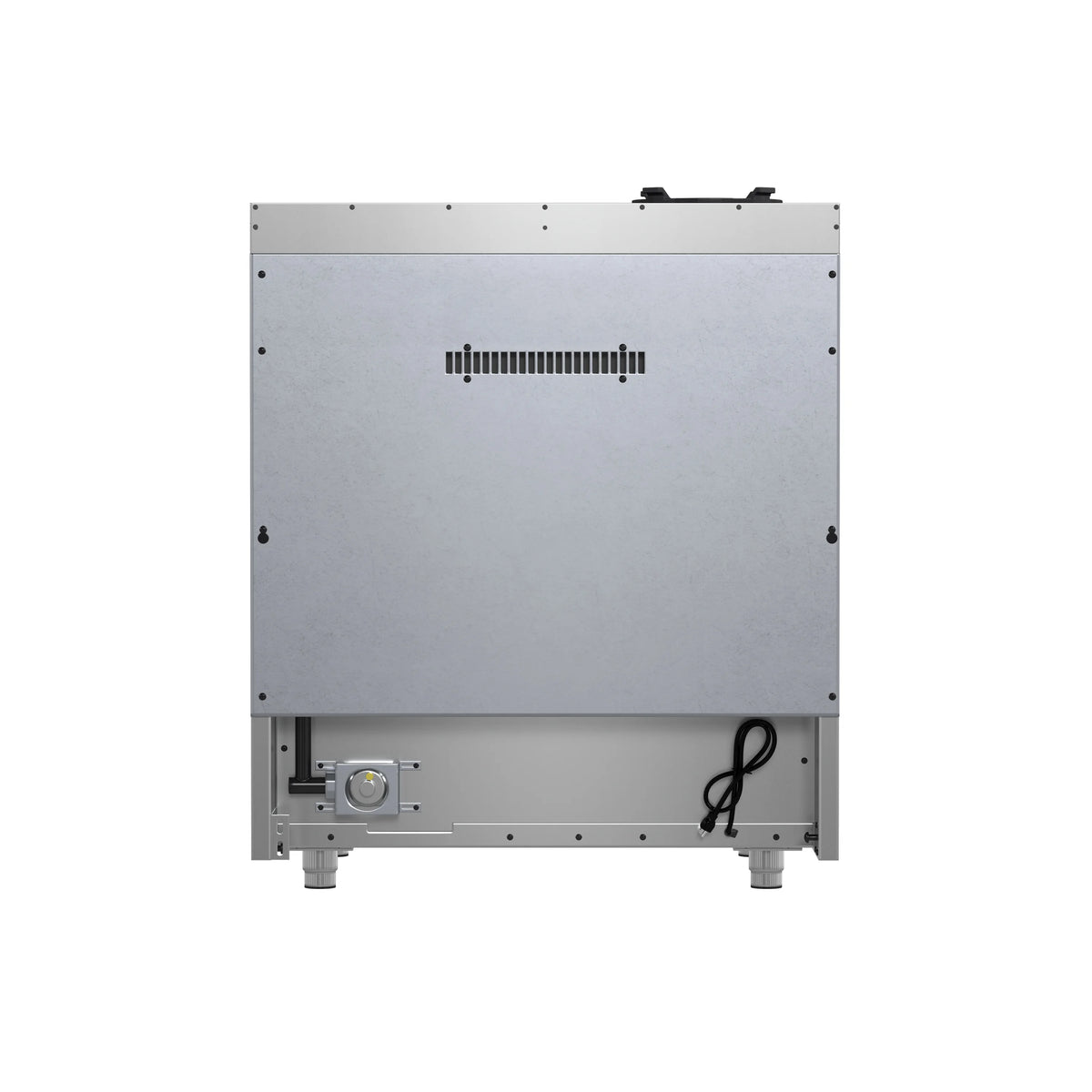 Stainless steel gas range base panel with vent grille and support legs