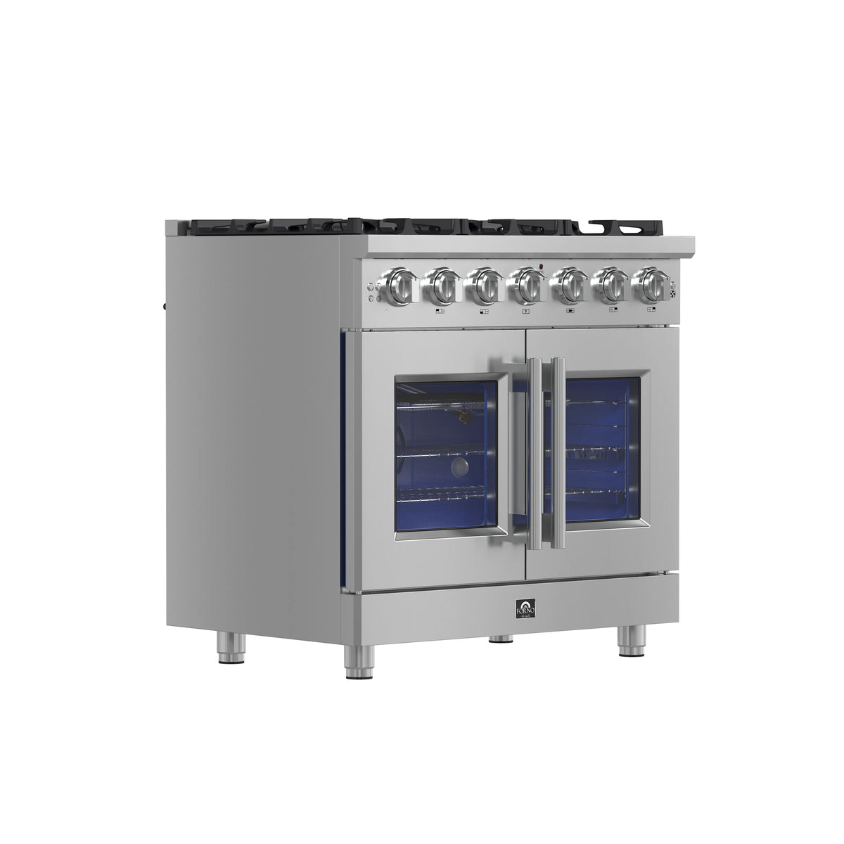 Stainless steel gas range with French-style double oven doors and knobs