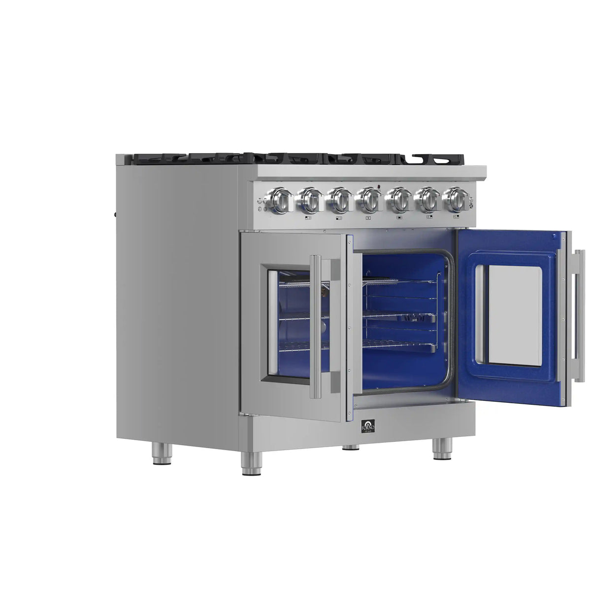 Stainless steel gas range with French-style oven doors open and blue interior