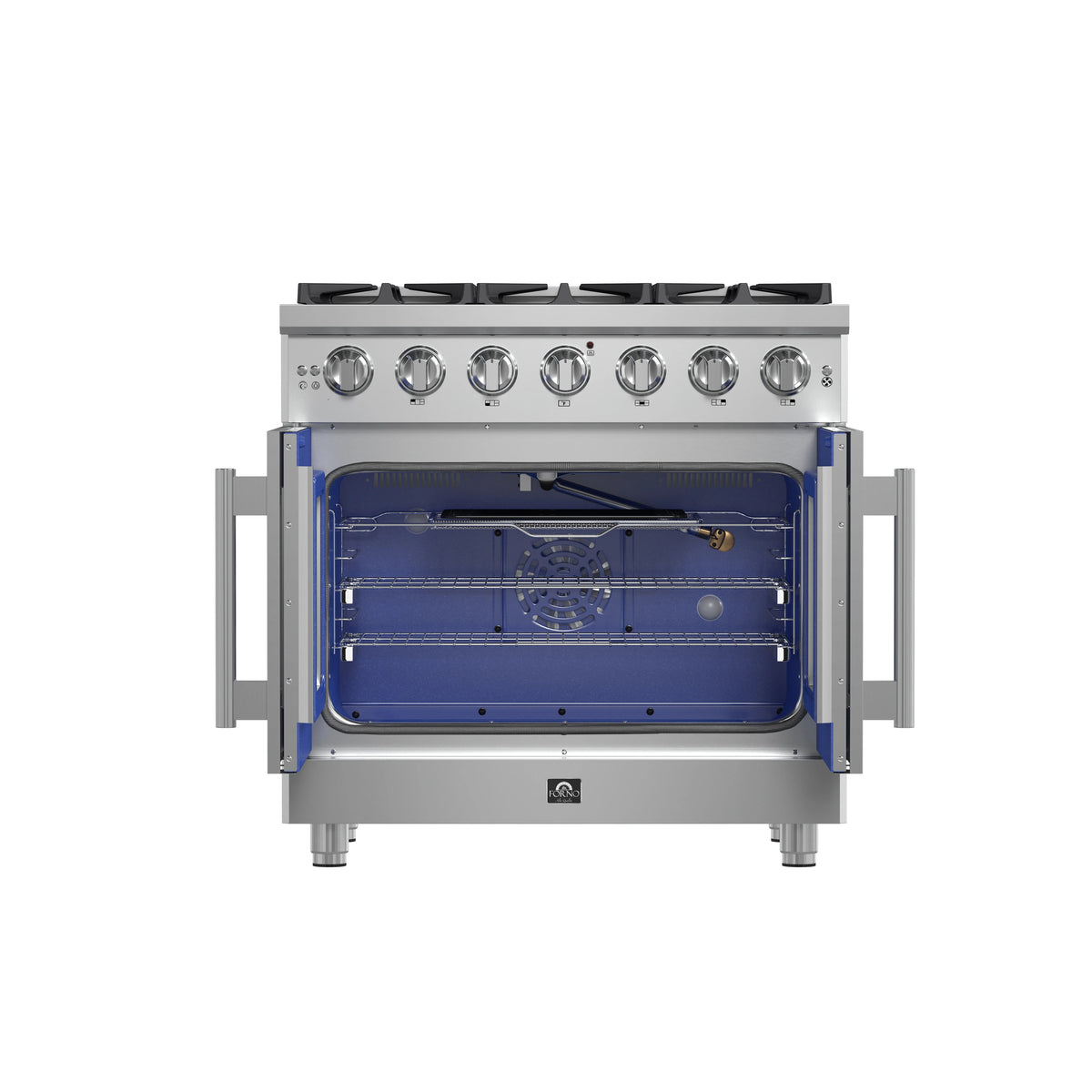 Front view of stainless steel gas range with blue-lit oven cavity