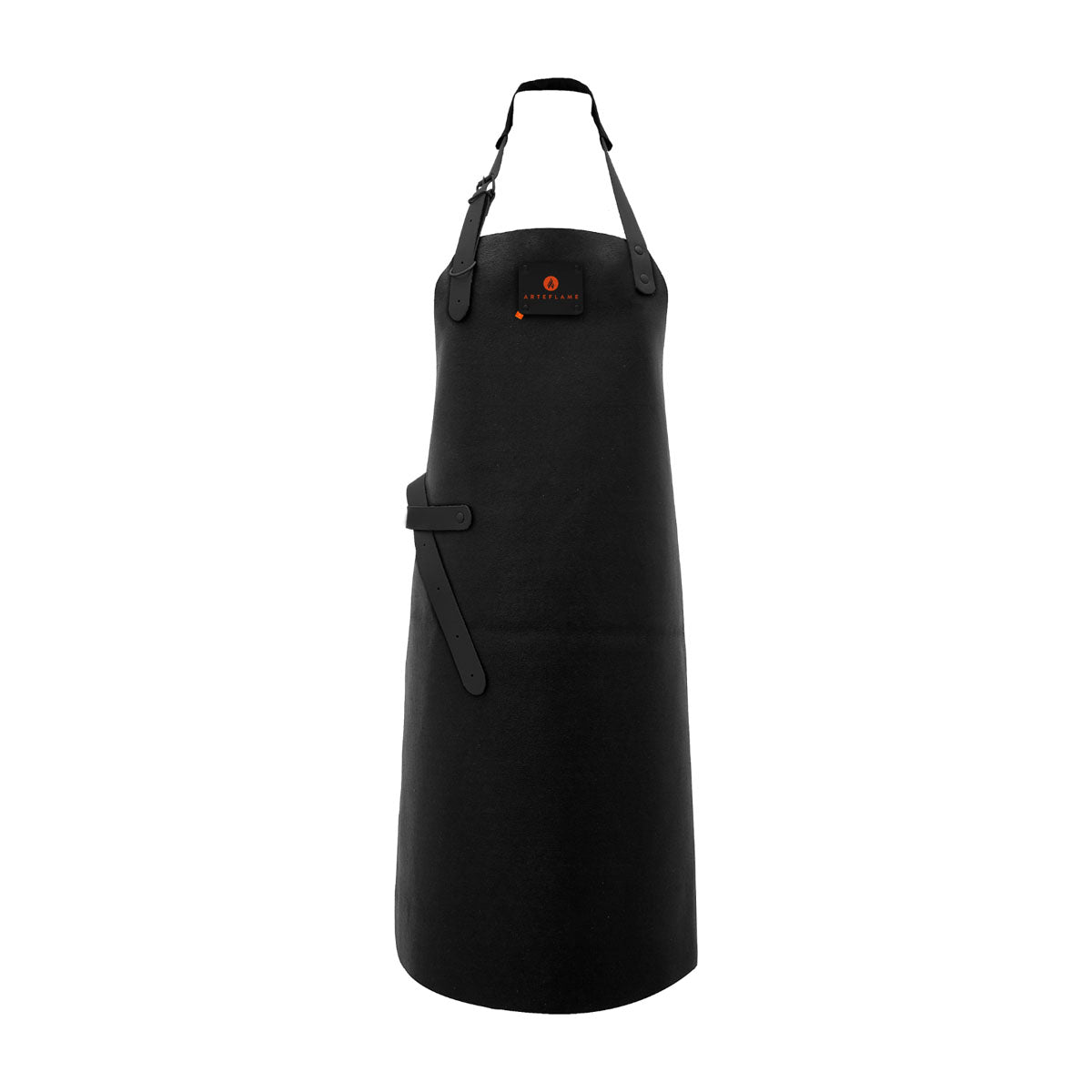 Black leather grill apron with adjustable neck strap and waist ties