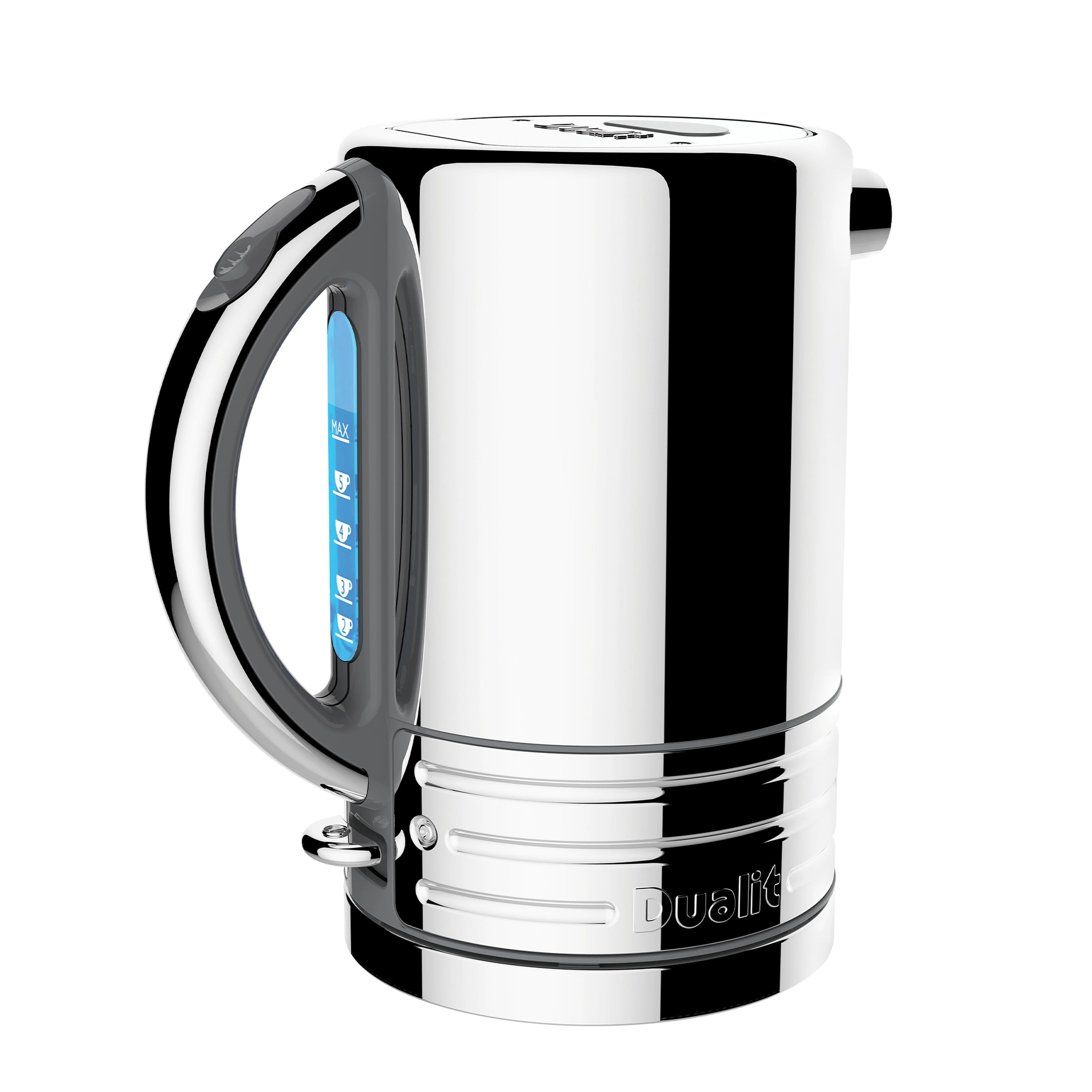Stainless steel electric kettle with blue illuminated water window on side panel
