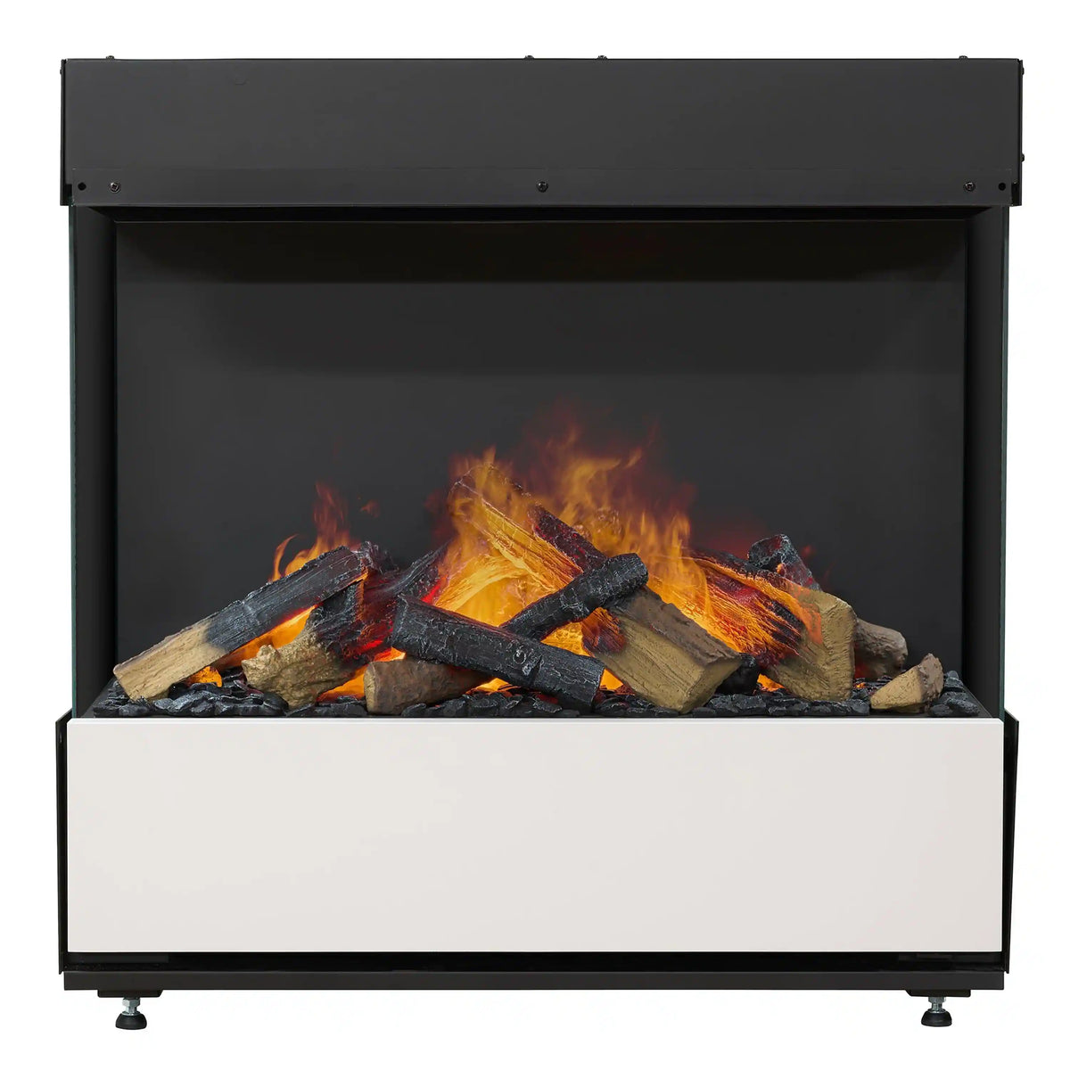 Black electric water vapor fireplace with open firebox and glowing log-style fuel