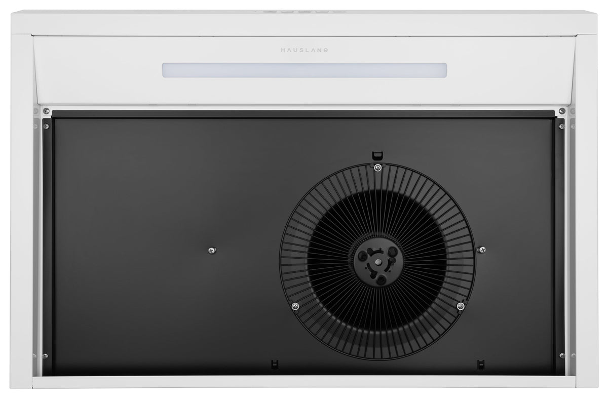 White under-cabinet range hood back panel with circular fan and mounting screws