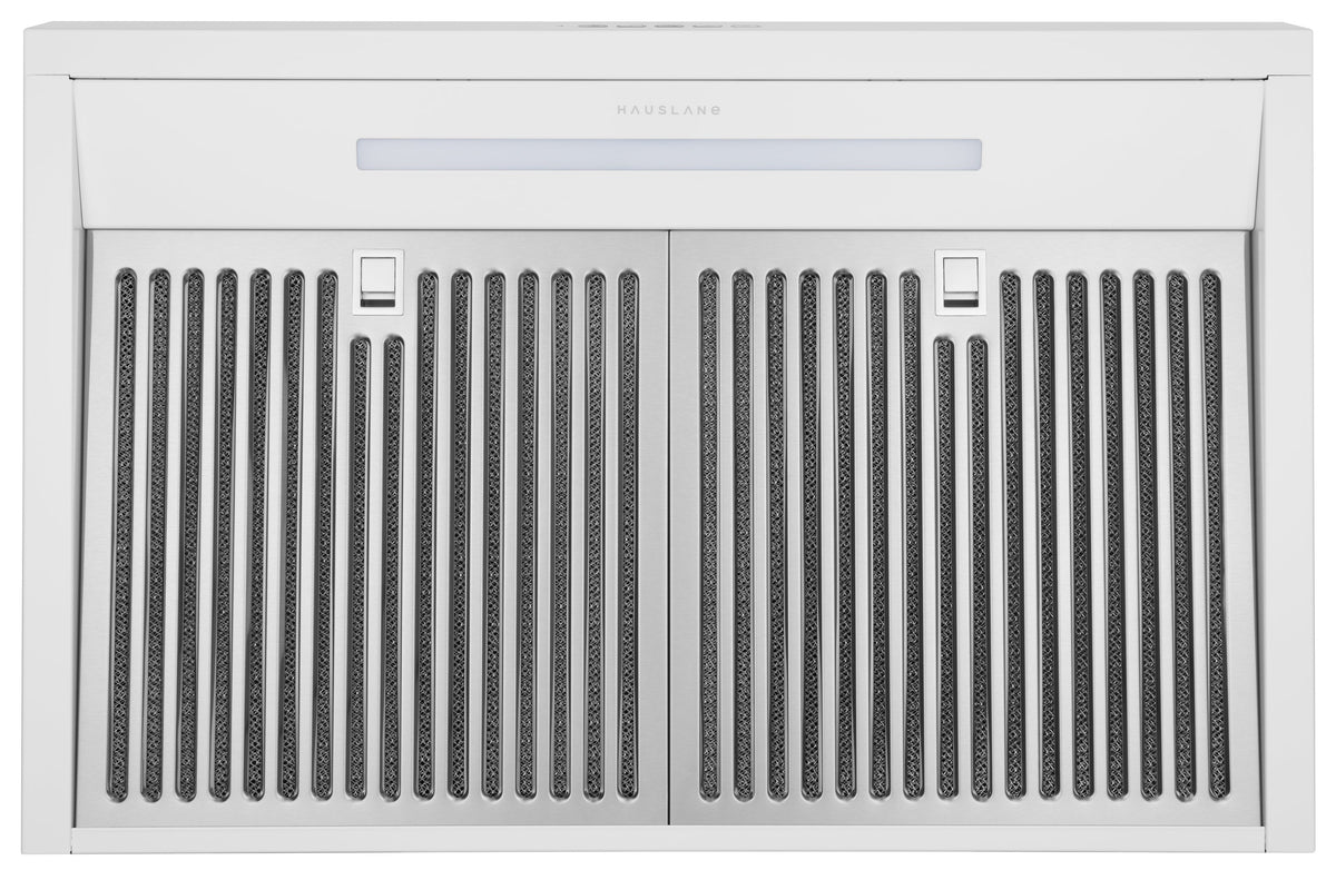 White under-cabinet range hood front with vent grille and panel LED bar