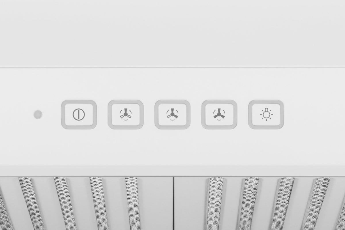 Light range hood control panel with LED-style buttons above metal filter vent grilles
