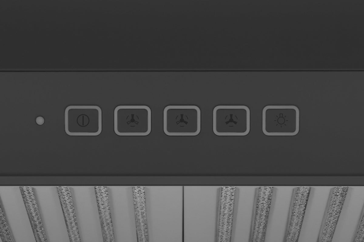 Dark range hood control panel with LED-style buttons above the metal filter vent grilles