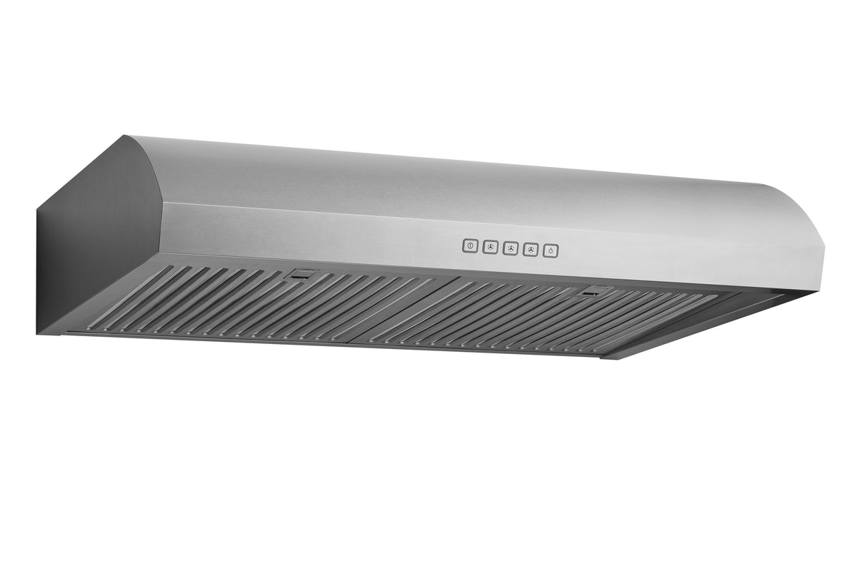 Stainless steel curved under-cabinet range hood shown from the side with filter vent grilles