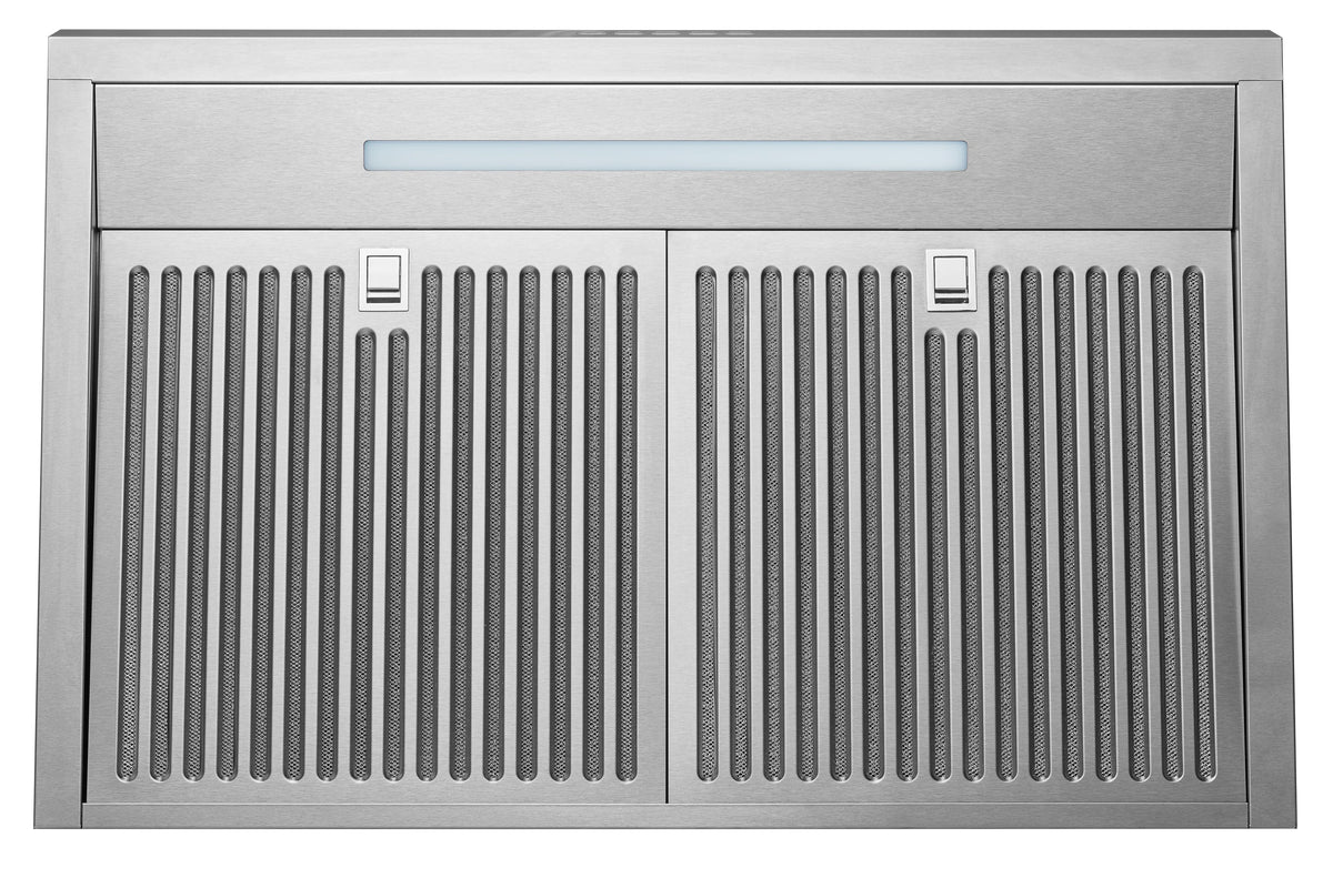 Stainless steel under-cabinet range hood front with vent grille and panel LED bar