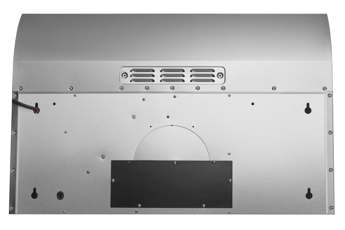 Stainless steel under-cabinet range hood with vent grille and curved chimney