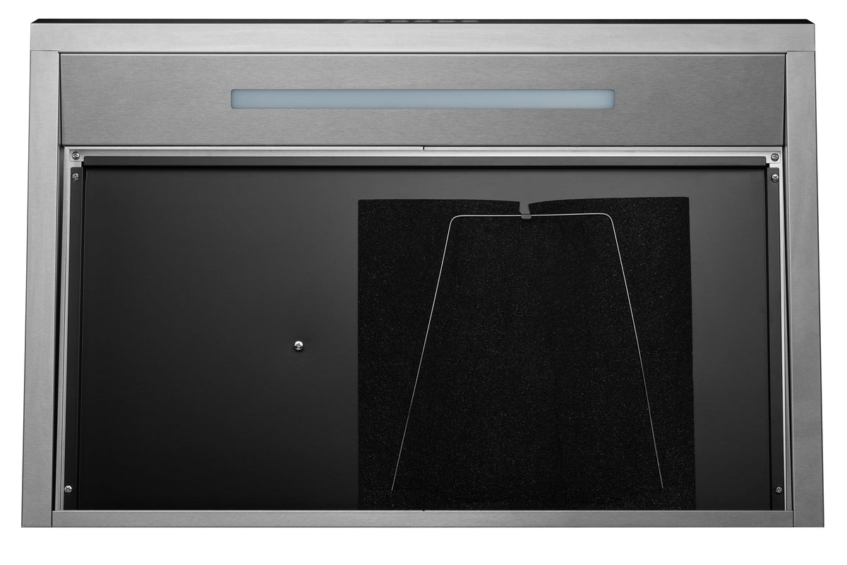Stainless steel under-cabinet range hood underside with open filter compartment
