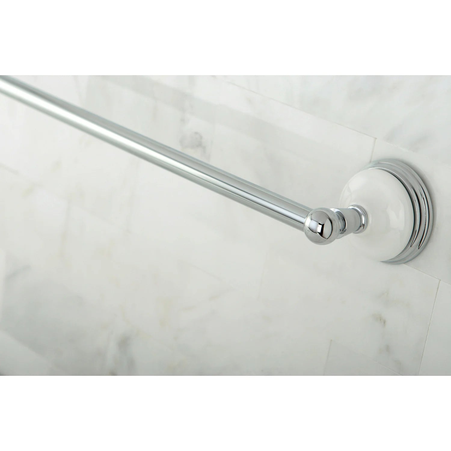 Polished chrome towel bar end with decorative round rosette and mounting rings