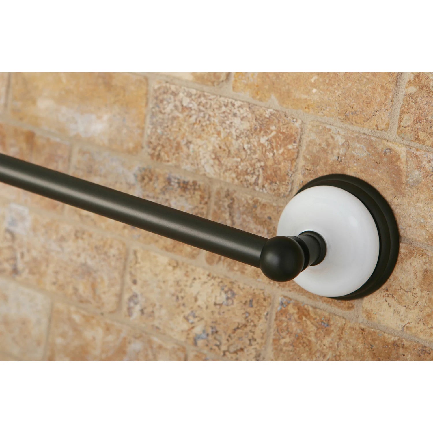Oil-rubbed bronze towel bar end with round white mounting plate and curved support