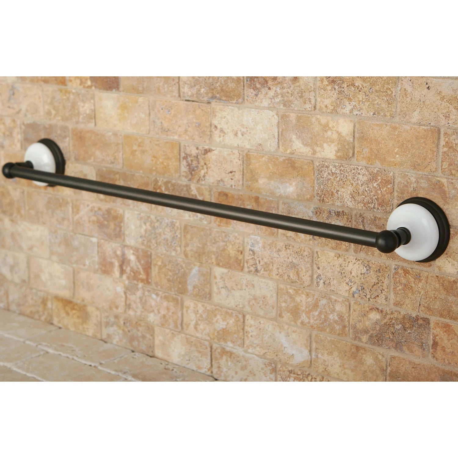 Oil-rubbed bronze towel bar with round end caps and white mounting back plates