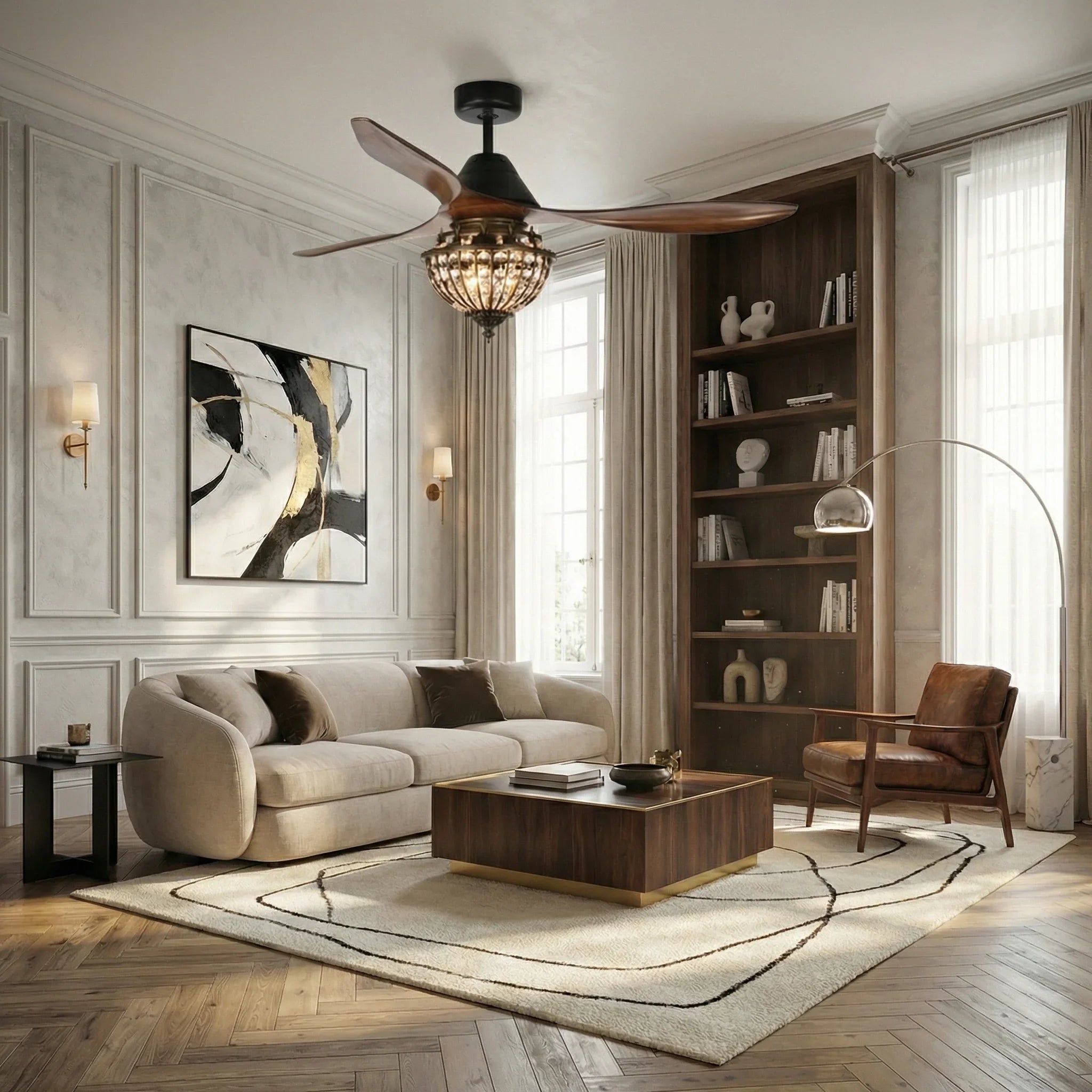 Ceiling-mounted black ceiling fan with three brown blades and glass globe light