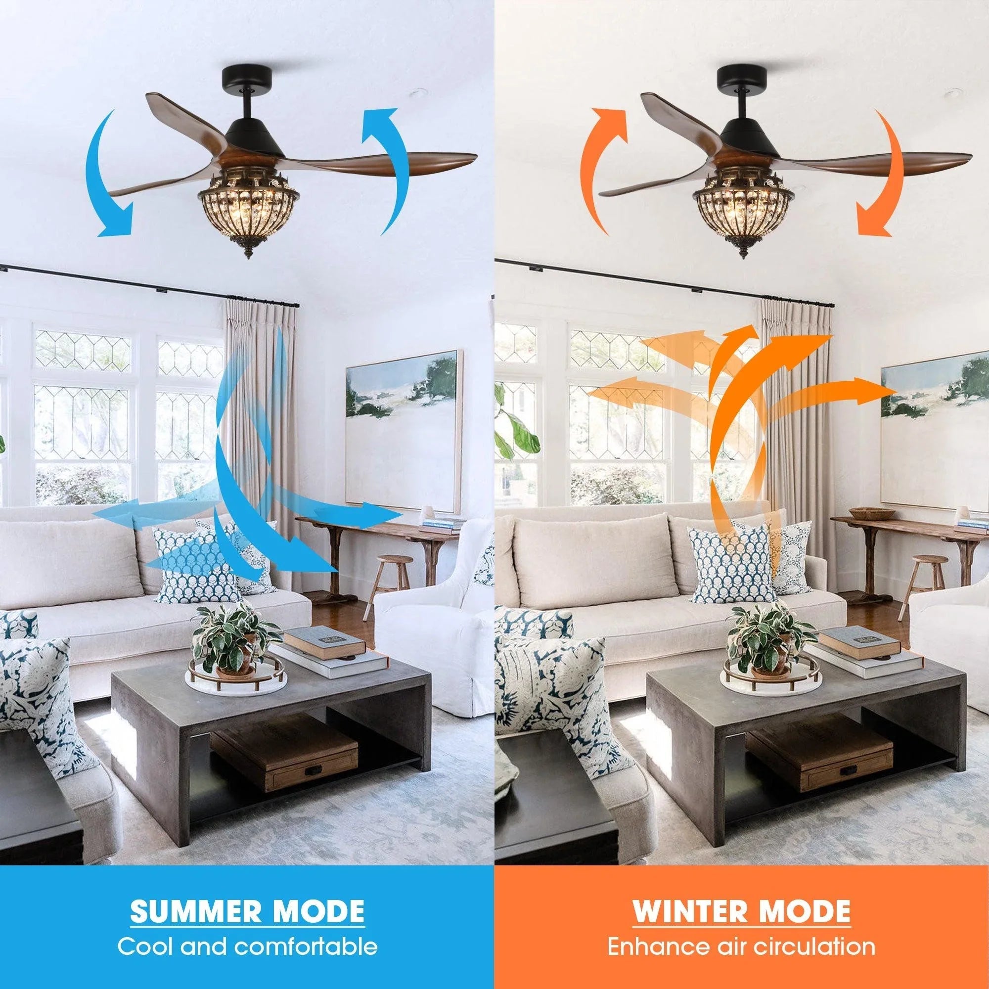 Reversible ceiling fan with glass globe light, showing summer and winter airflow directions