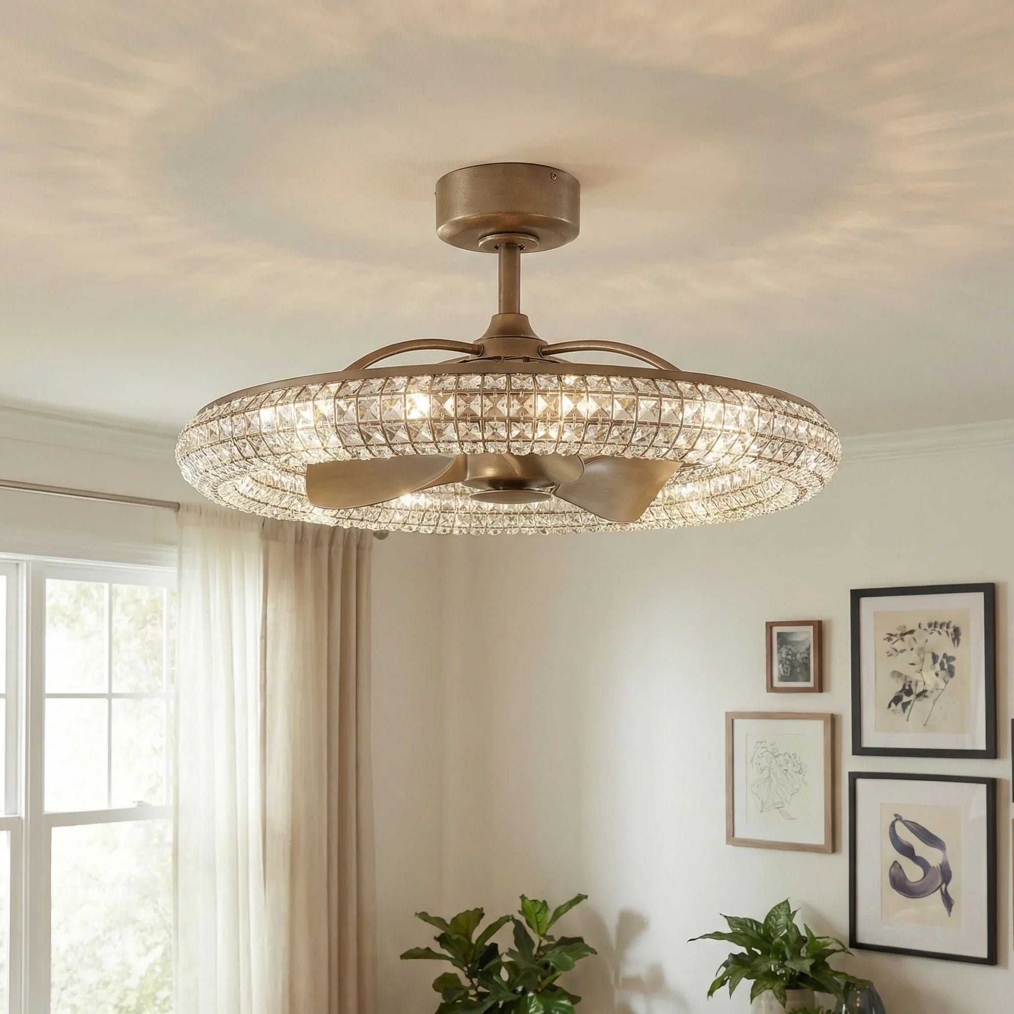 Golden 33-inch ceiling fan with crystal glass light ring and three blades mounted on ceiling.
