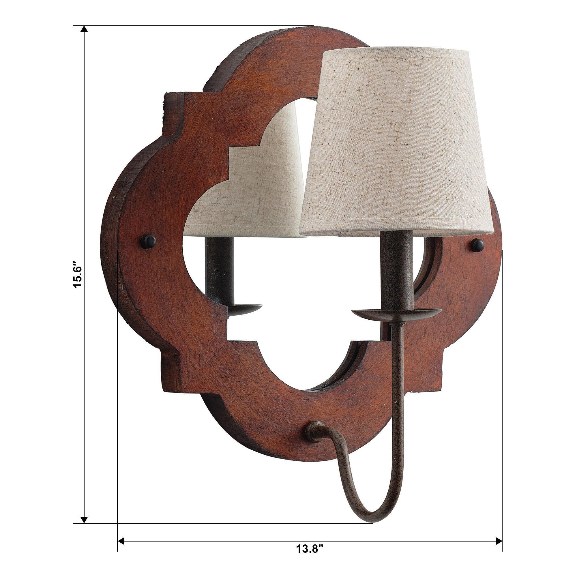 Rustic brown wall sconce with fabric drum shade, iron frame, and pull chain